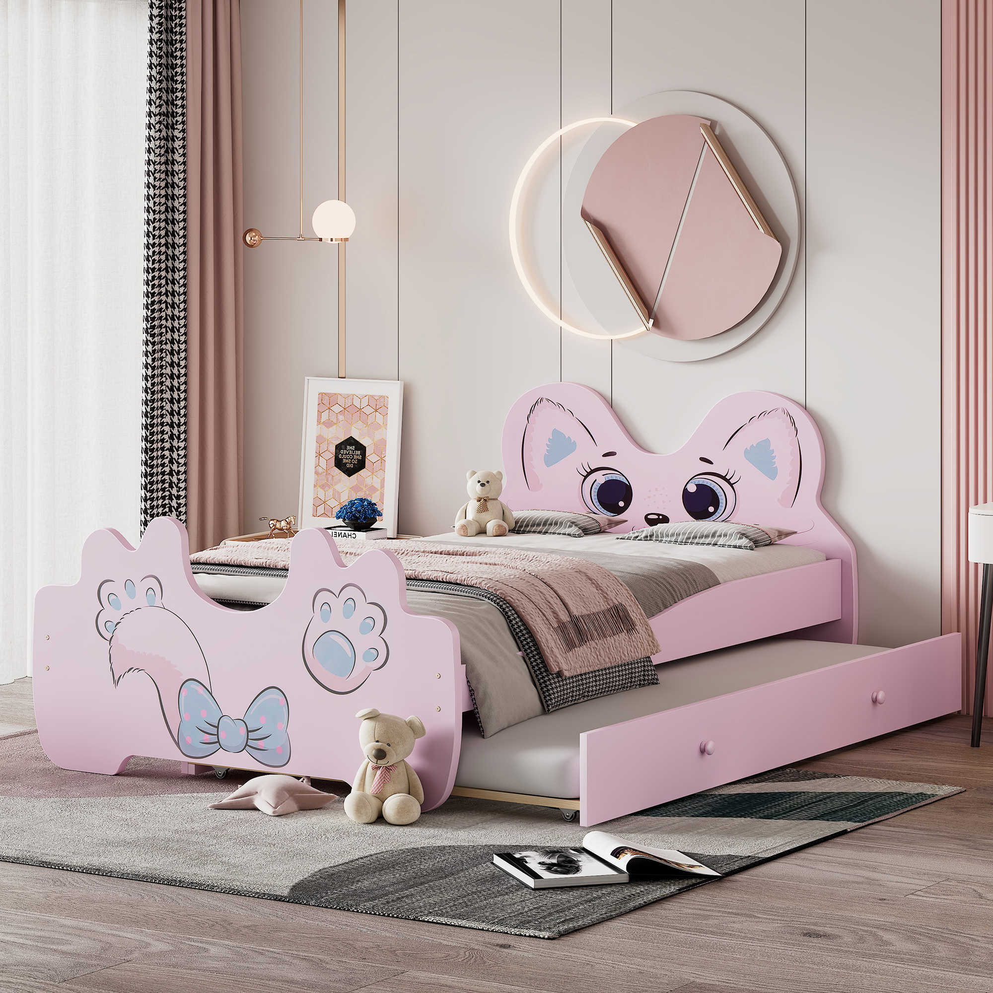 Cartoon Twin Size Platform Bed with Trundle, Pink/White