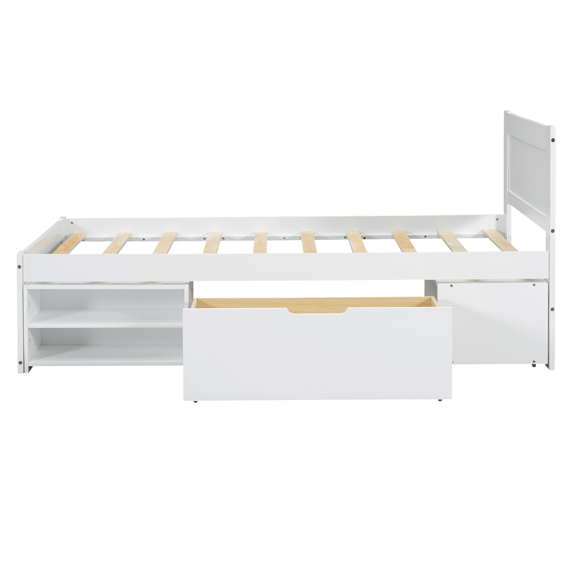 Twin Size Platform Bed With Drawer And Two Shelves, White/Gray