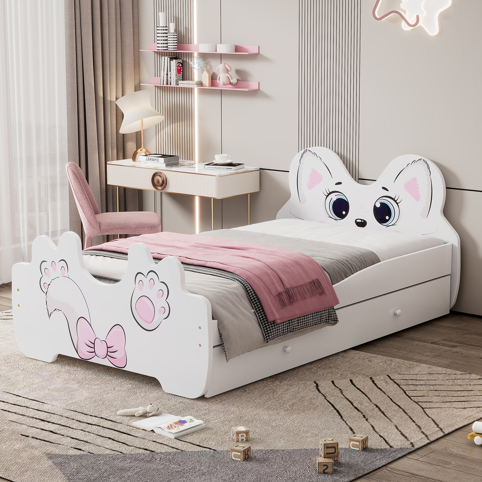 Cartoon Twin Size Platform Bed with Trundle, Pink/White