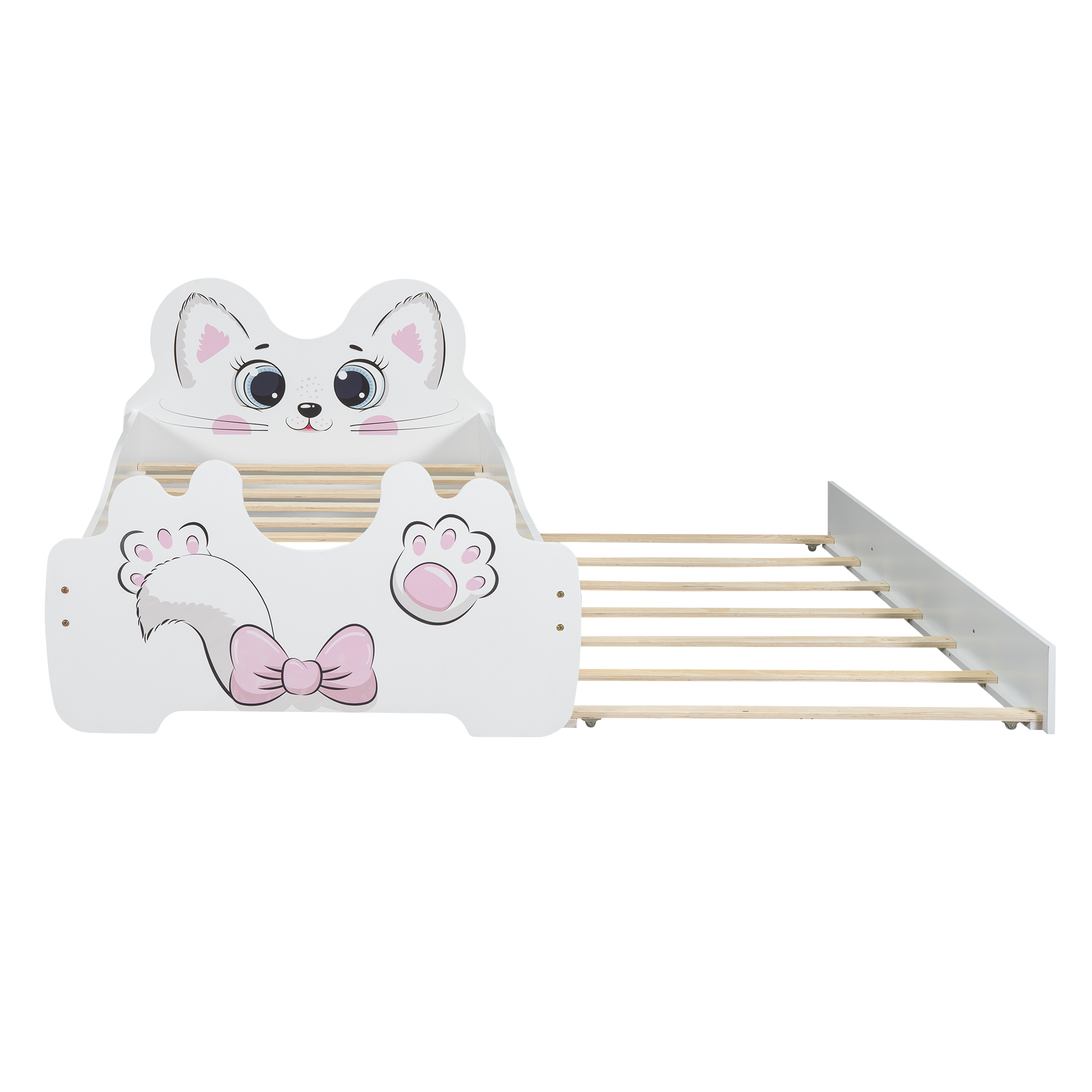 Cartoon Twin Size Platform Bed with Trundle, Pink/White
