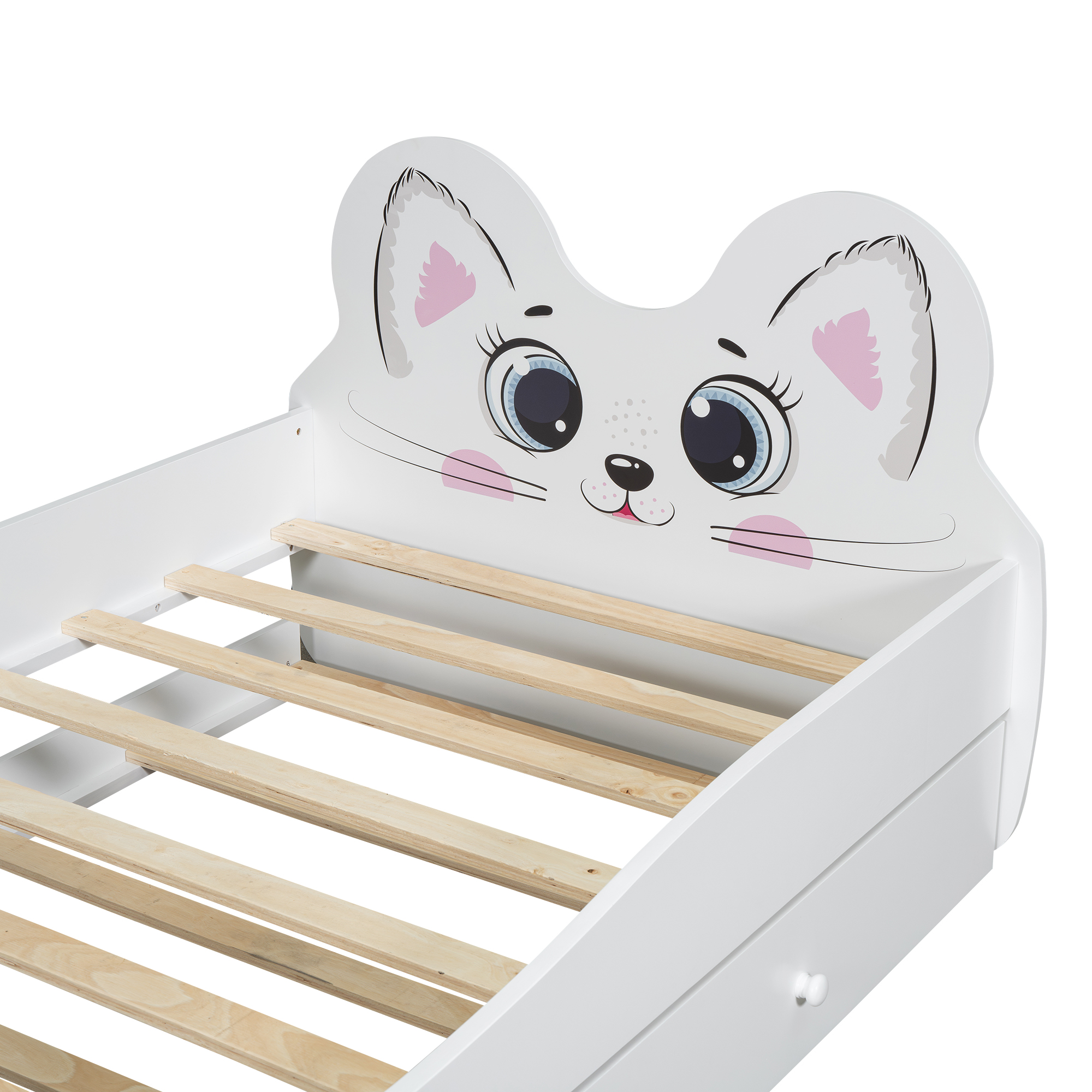 Cartoon Twin Size Platform Bed with Trundle, Pink/White