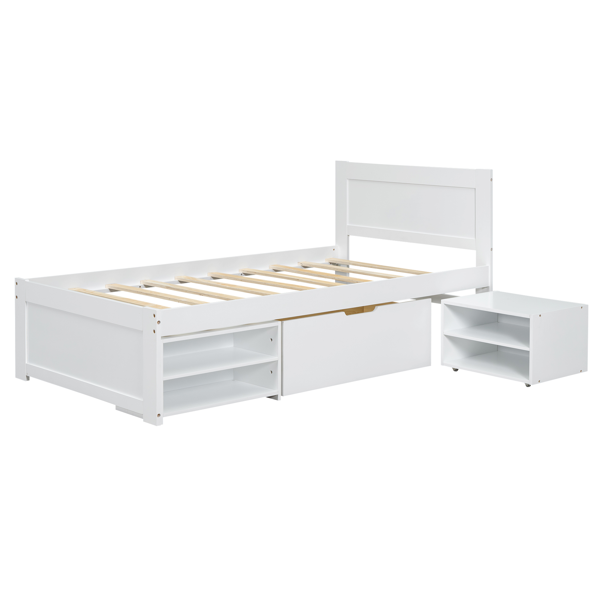 Twin Size Platform Bed With Drawer And Two Shelves, White/Gray