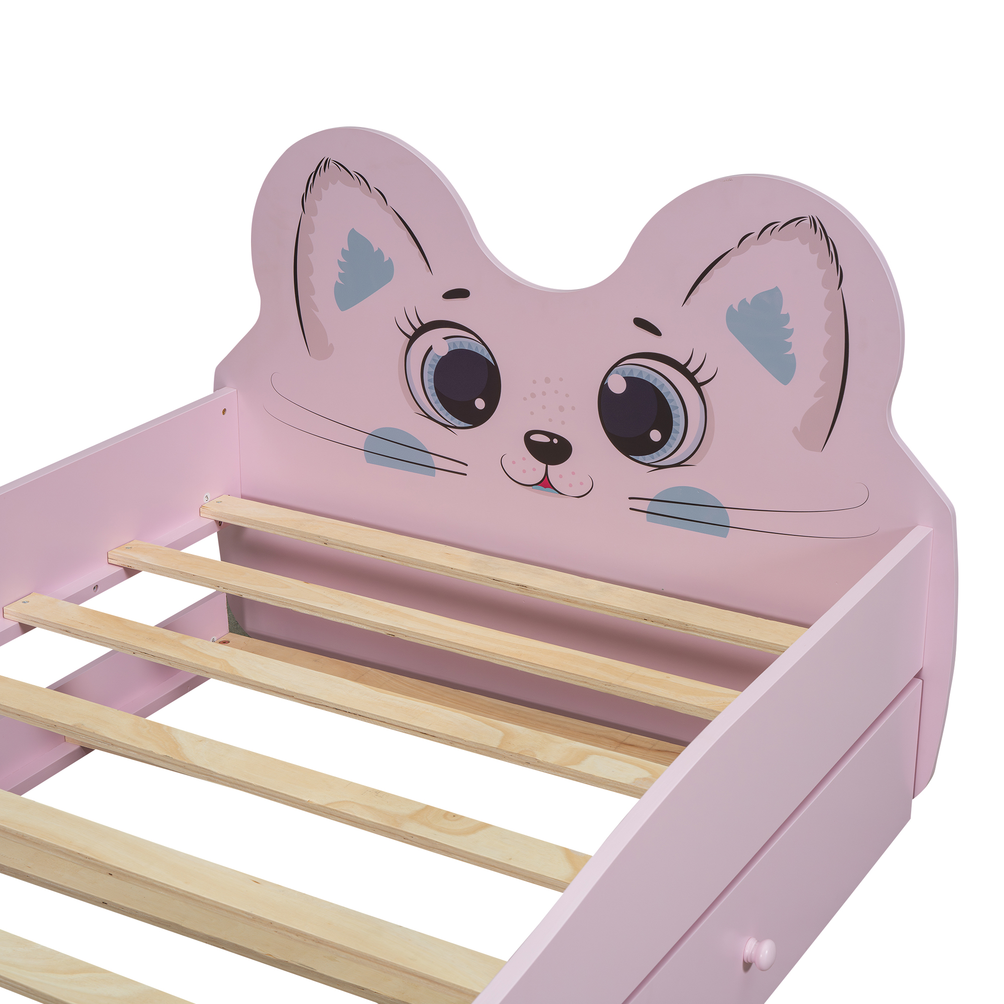 Cartoon Twin Size Platform Bed with Trundle, Pink/White
