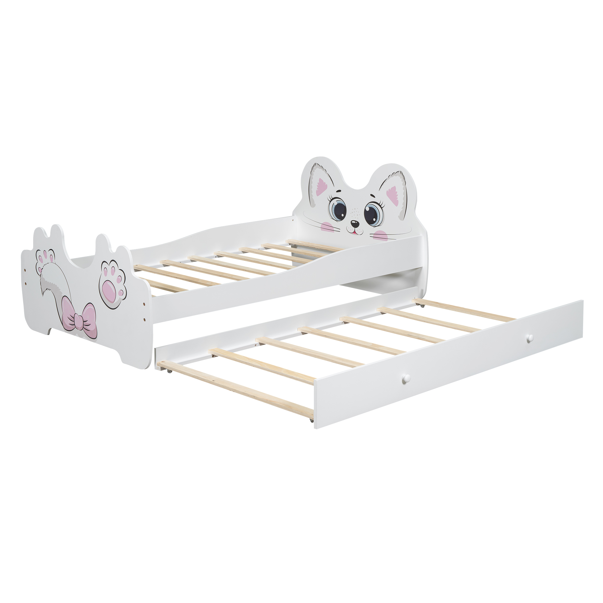 Cartoon Twin Size Platform Bed with Trundle, Pink/White