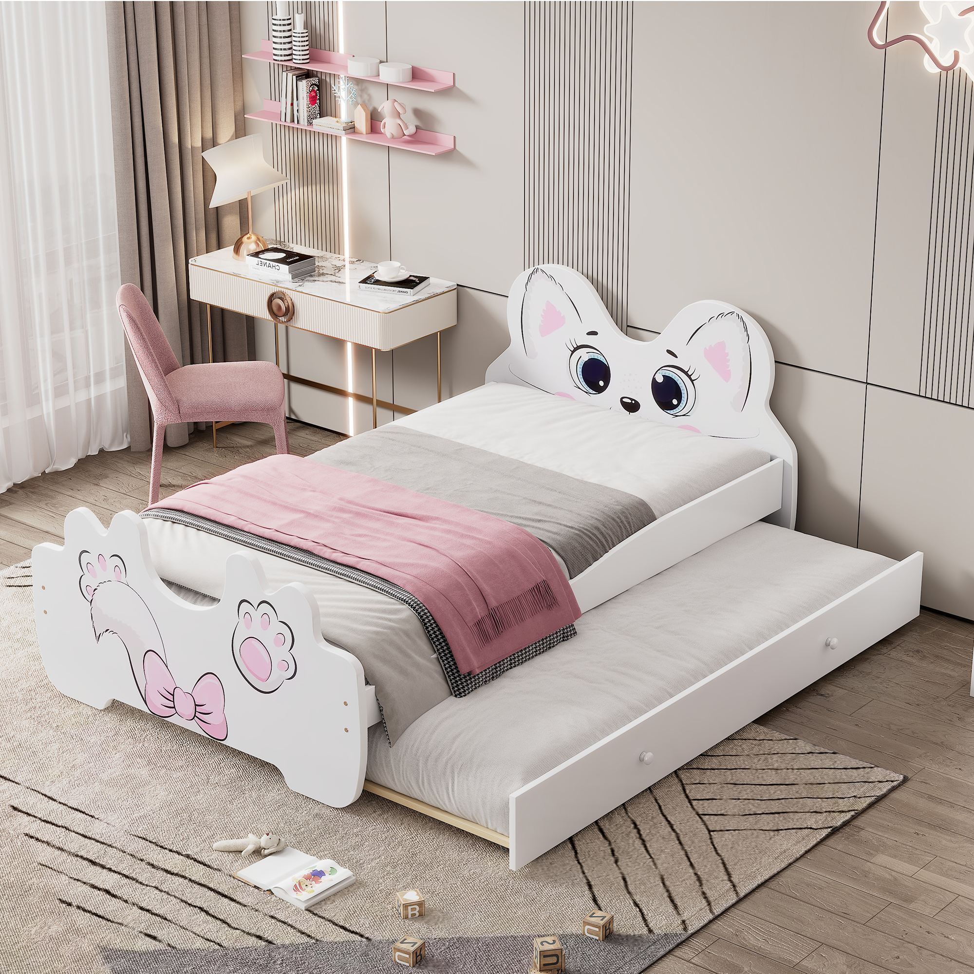 Cartoon Twin Size Platform Bed with Trundle, Pink/White