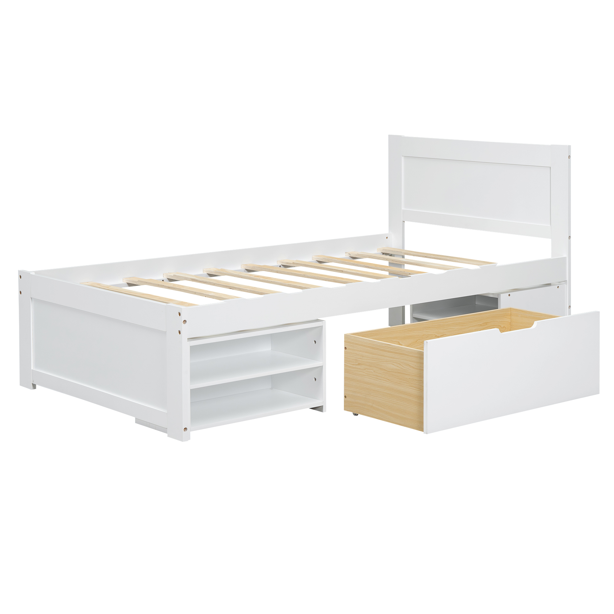 Twin Size Platform Bed With Drawer And Two Shelves, White/Gray