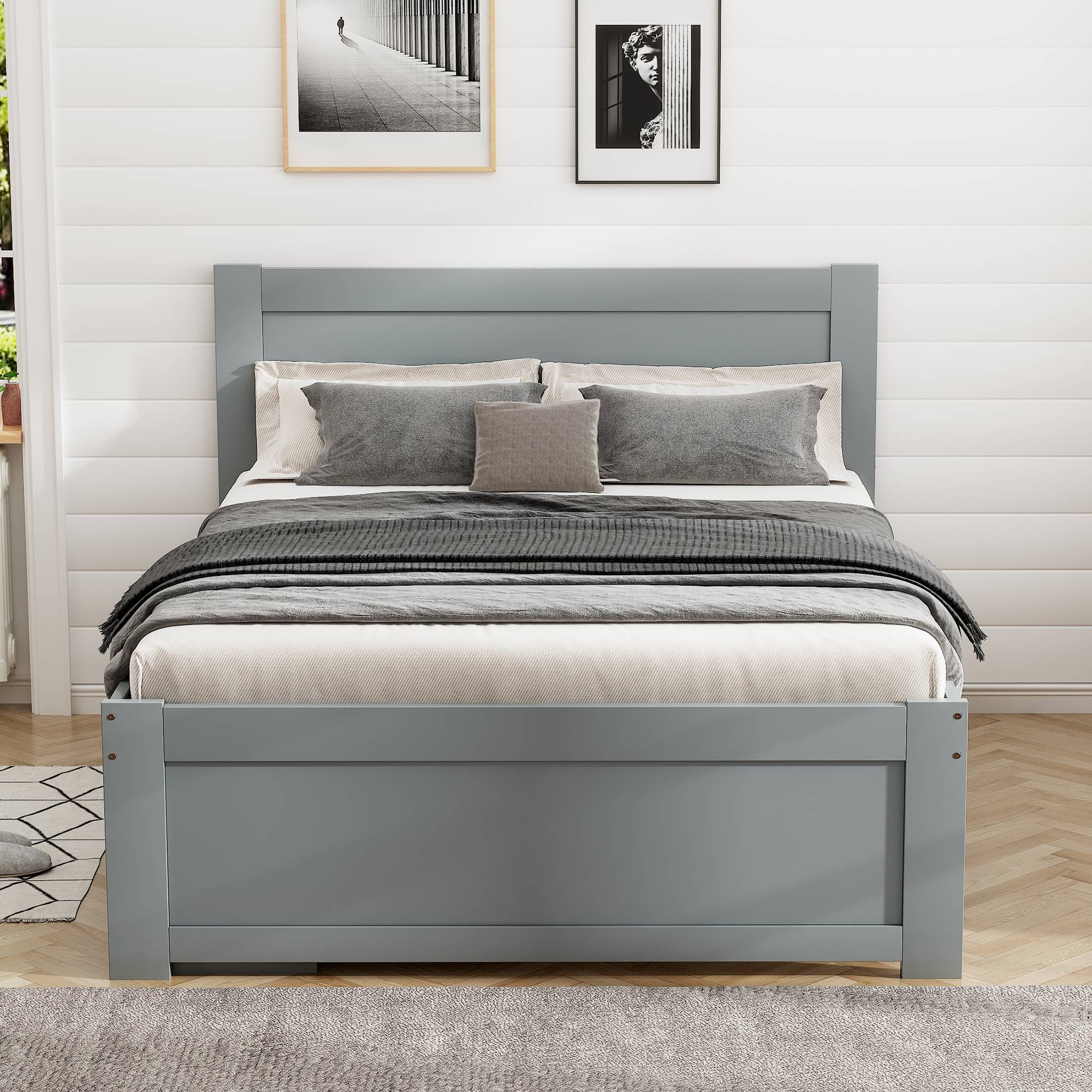 Twin Size Platform Bed With Drawer And Two Shelves, White/Gray
