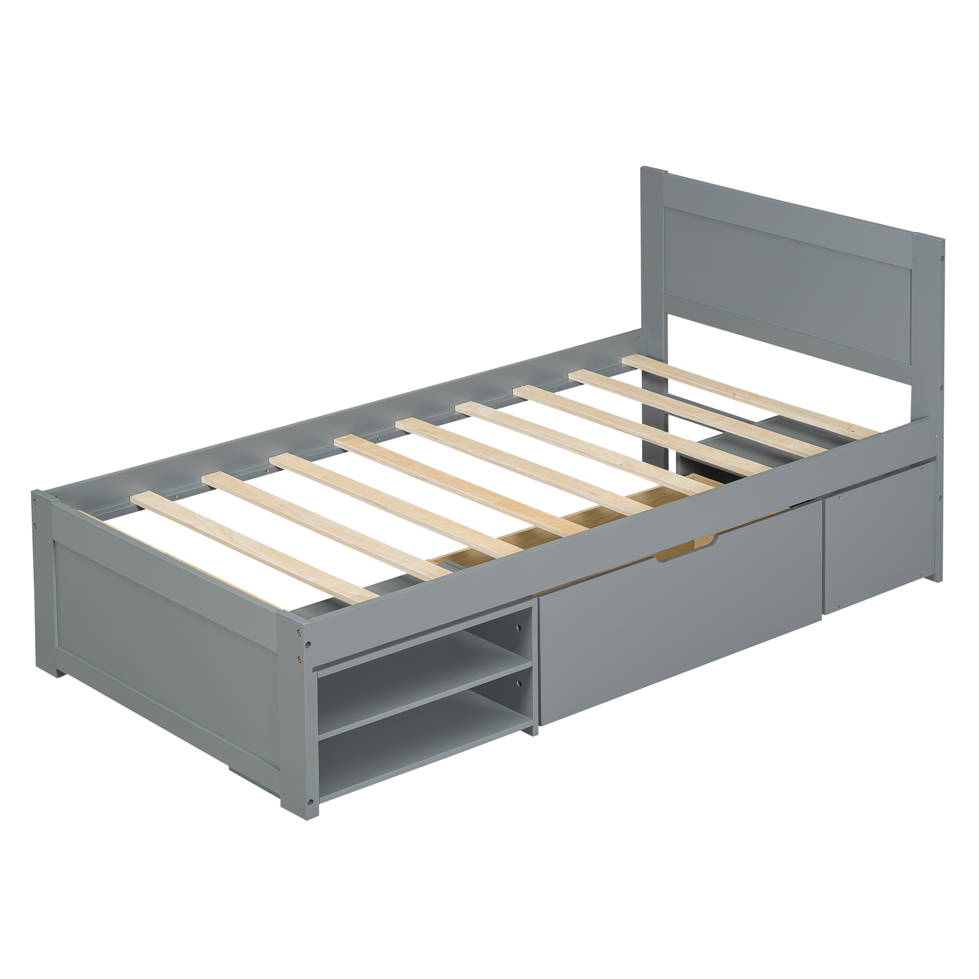 Twin Size Platform Bed With Drawer And Two Shelves, White/Gray