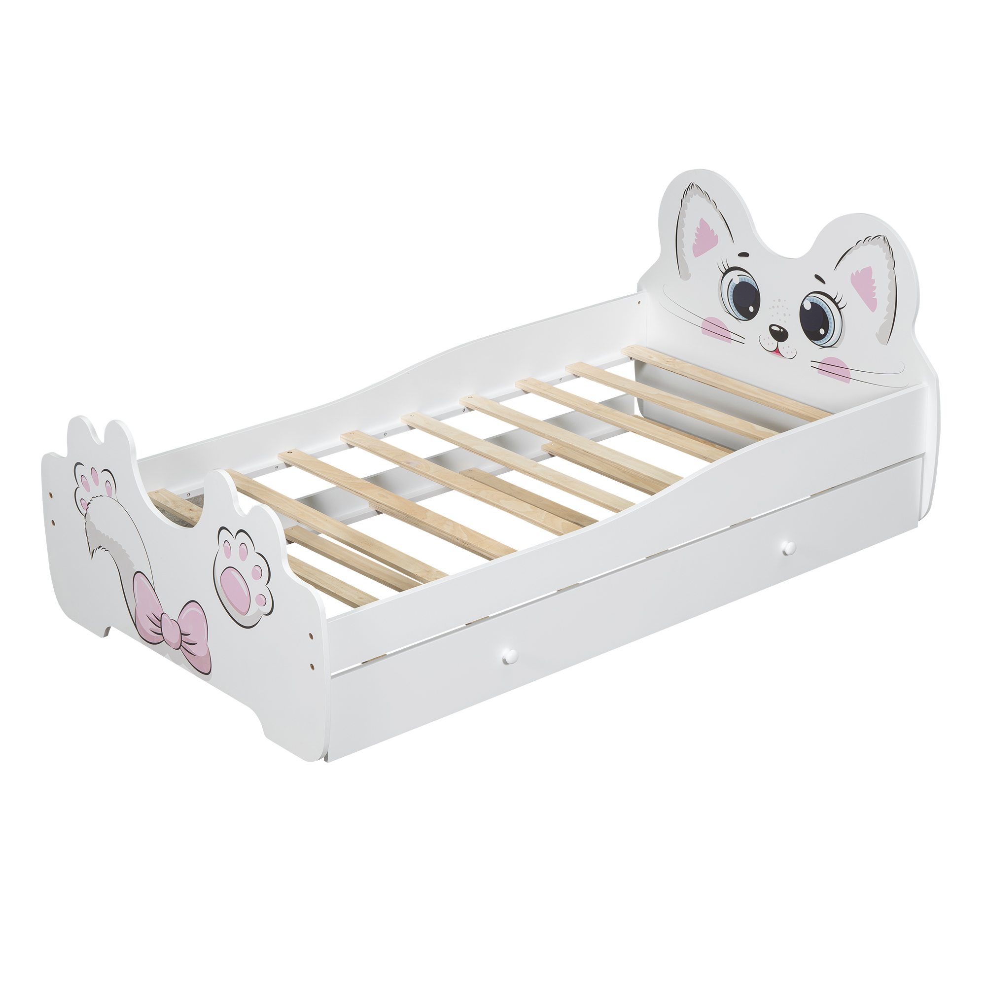 Cartoon Twin Size Platform Bed with Trundle, Pink/White