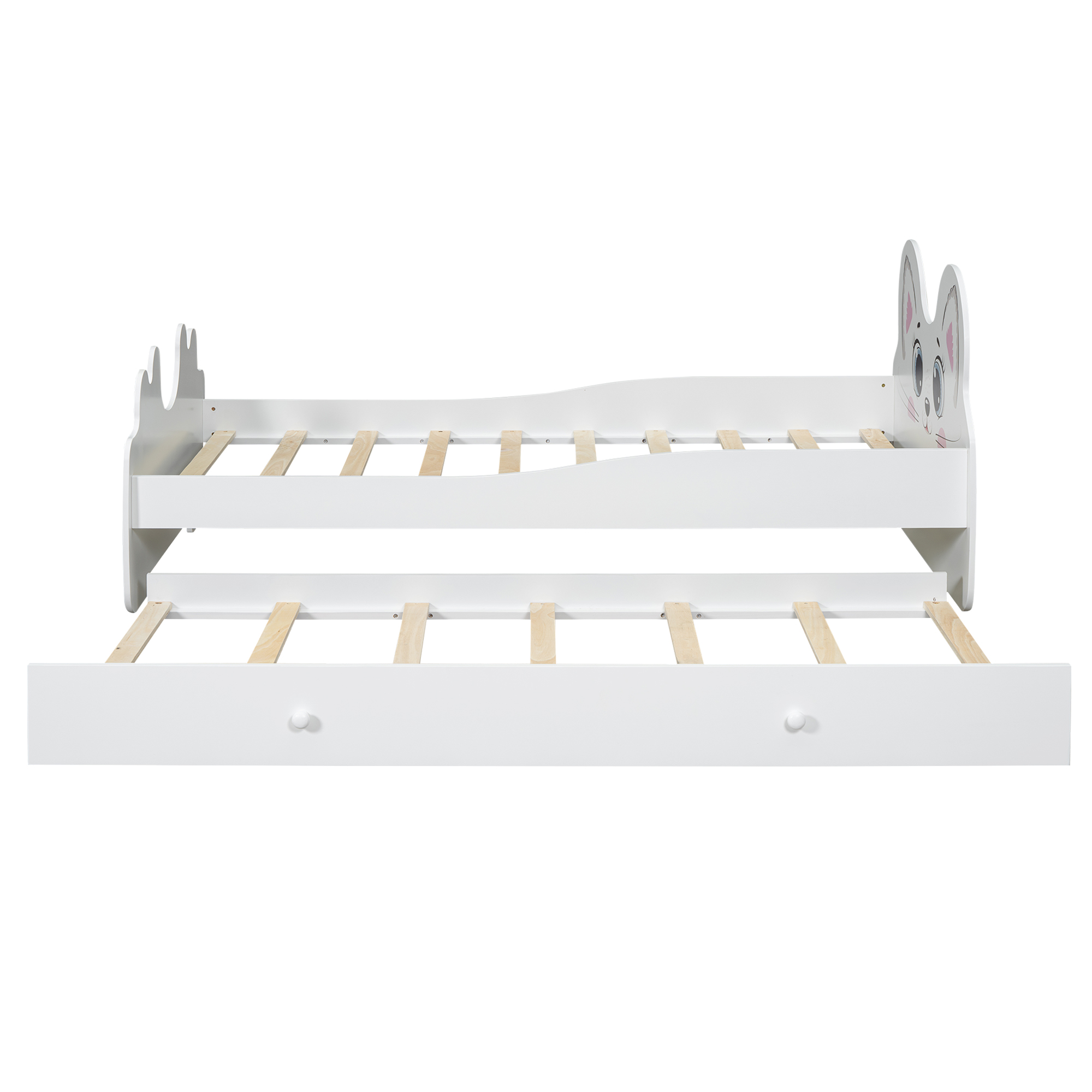 Cartoon Twin Size Platform Bed with Trundle, Pink/White