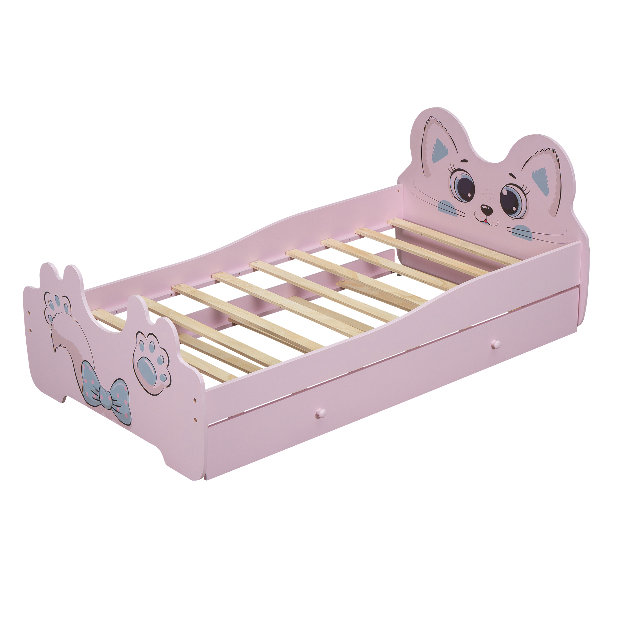 Cartoon Twin Size Platform Bed with Trundle, Pink/White