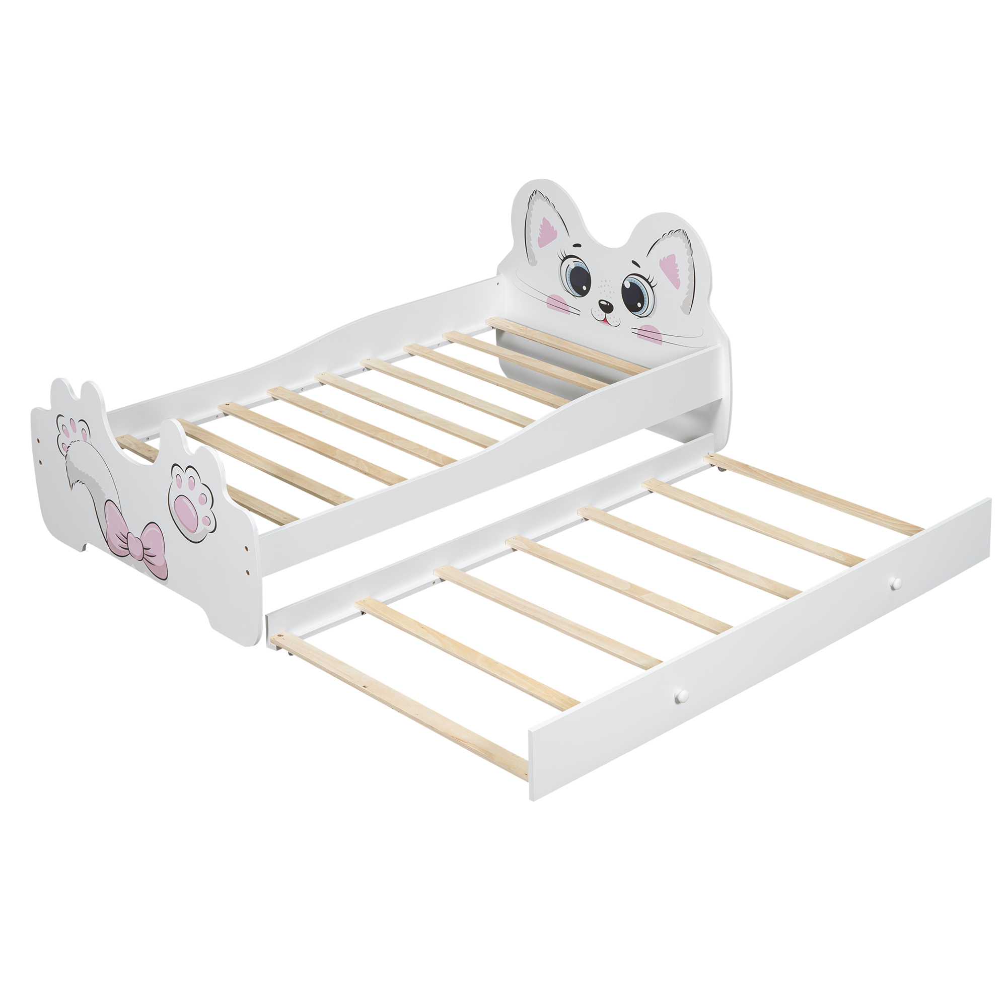 Cartoon Twin Size Platform Bed with Trundle, Pink/White
