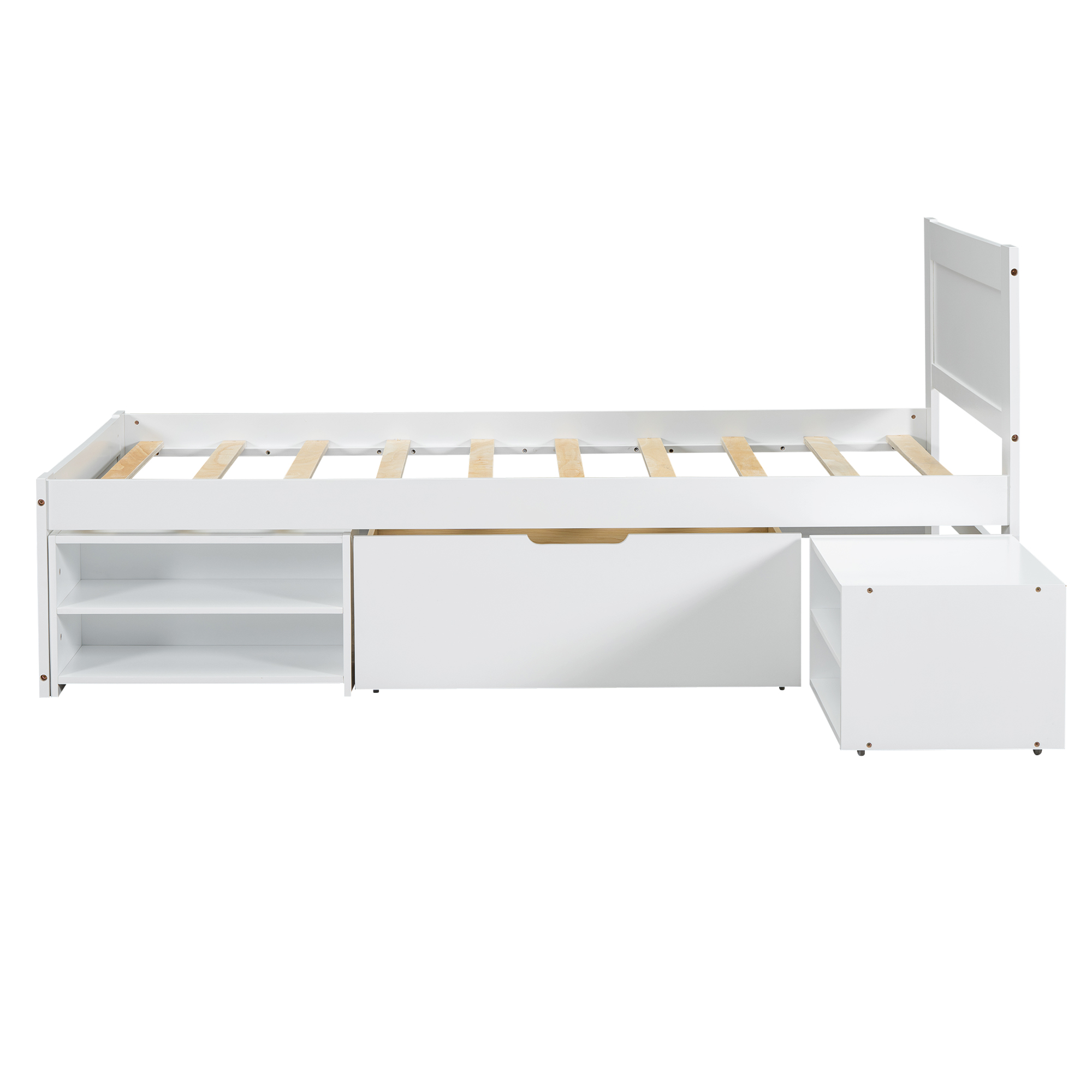 Twin Size Platform Bed With Drawer And Two Shelves, White/Gray