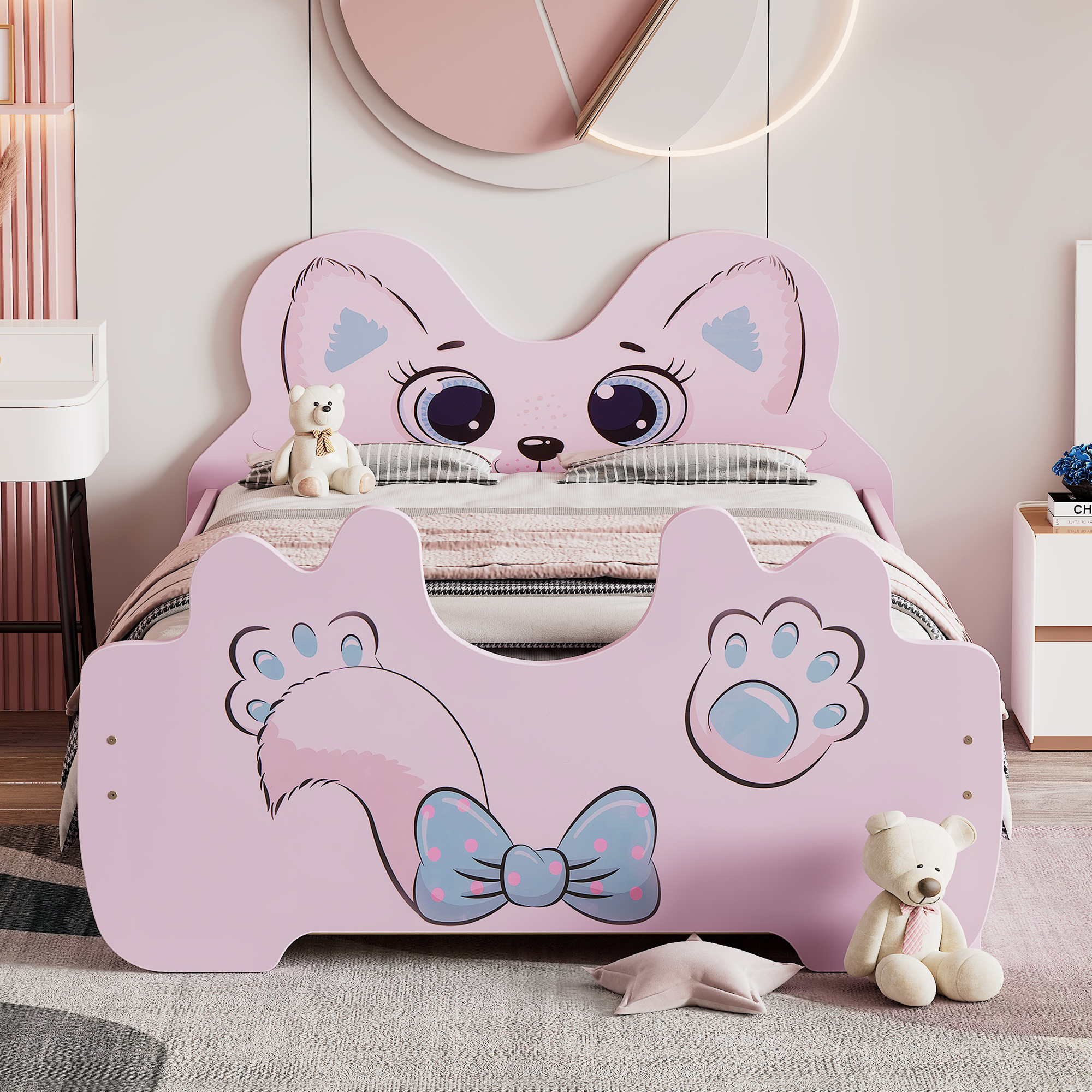 Cartoon Twin Size Platform Bed with Trundle, Pink/White