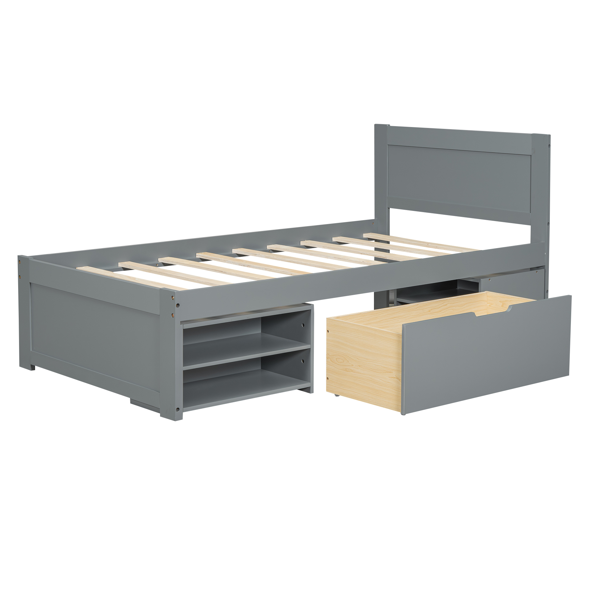 Twin Size Platform Bed With Drawer And Two Shelves, White/Gray