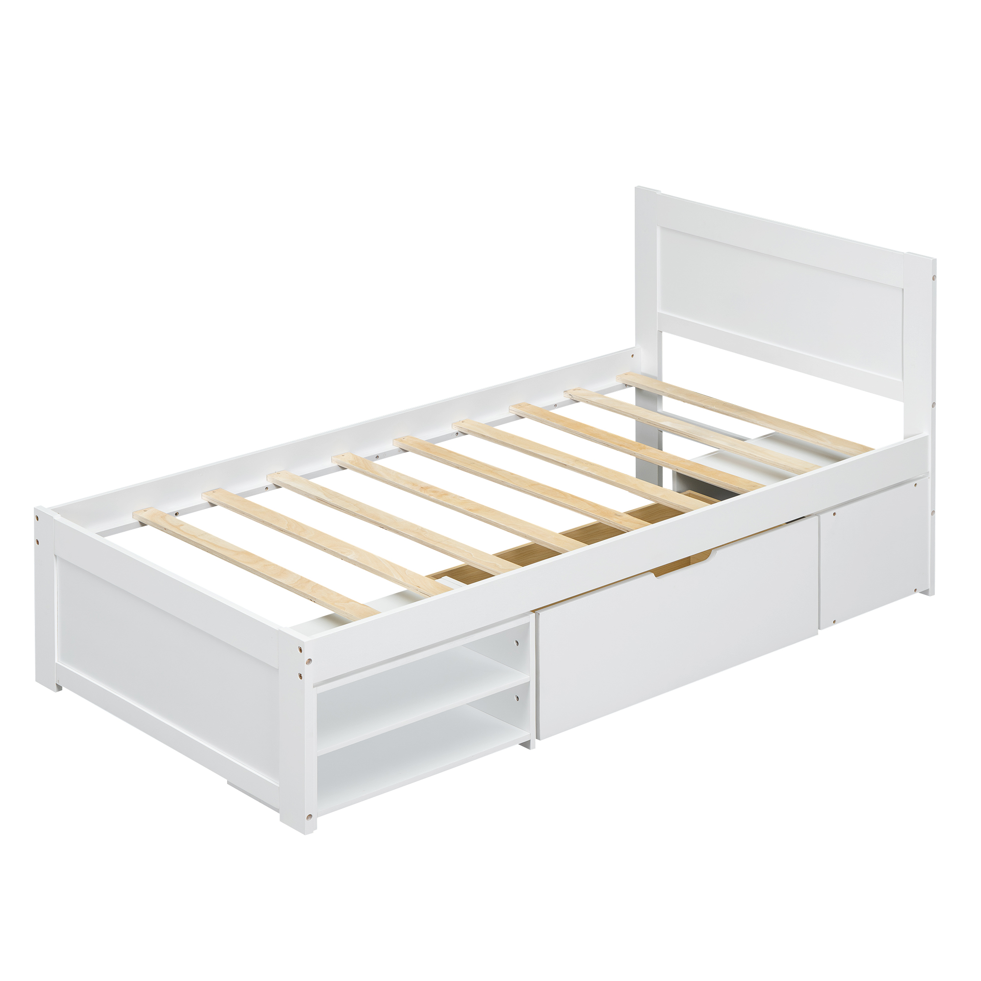 Twin Size Platform Bed With Drawer And Two Shelves, White/Gray