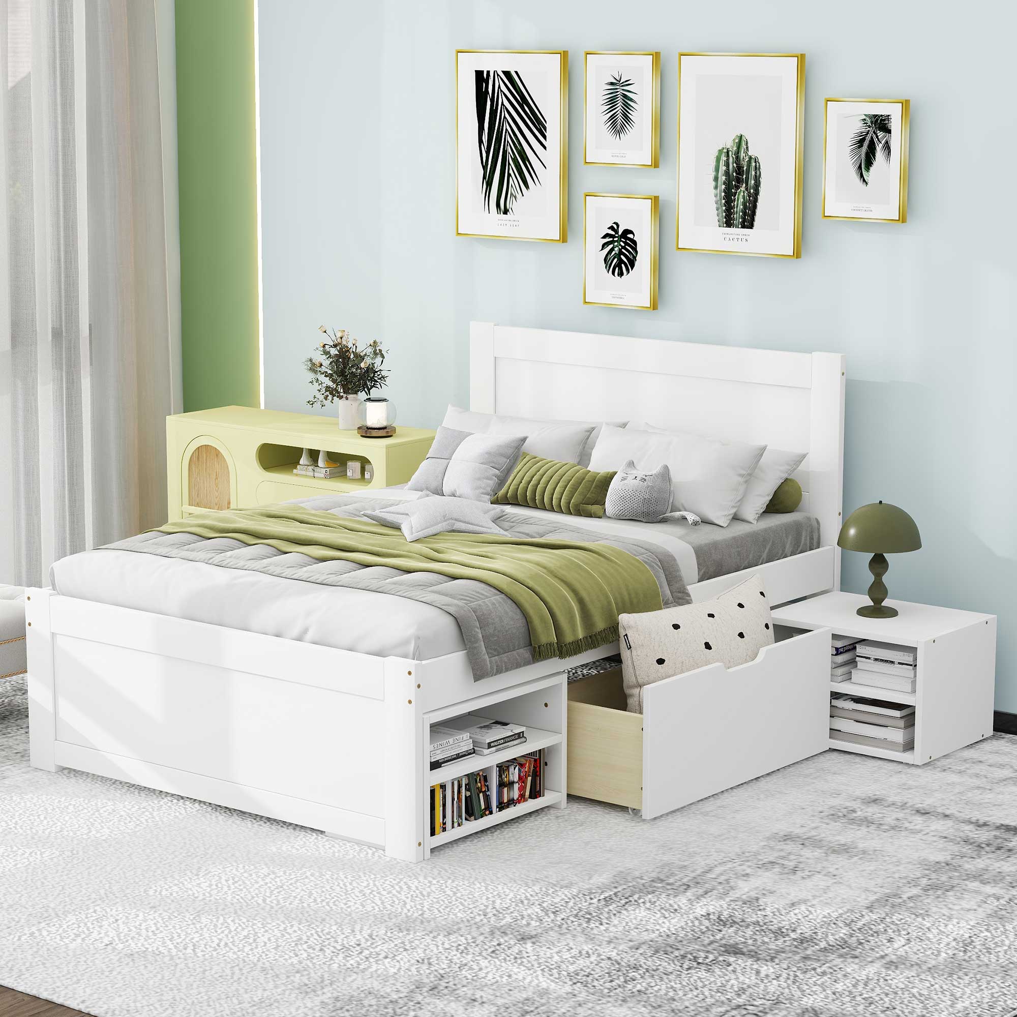 Twin Size Platform Bed With Drawer And Two Shelves, White/Gray