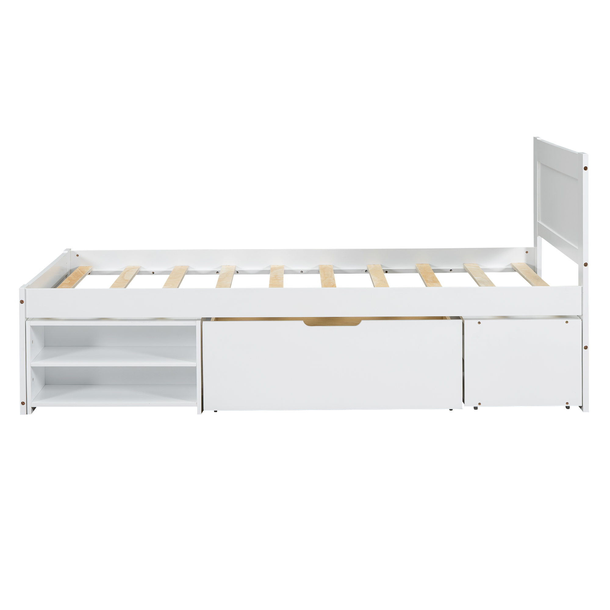Twin Size Platform Bed With Drawer And Two Shelves, White/Gray