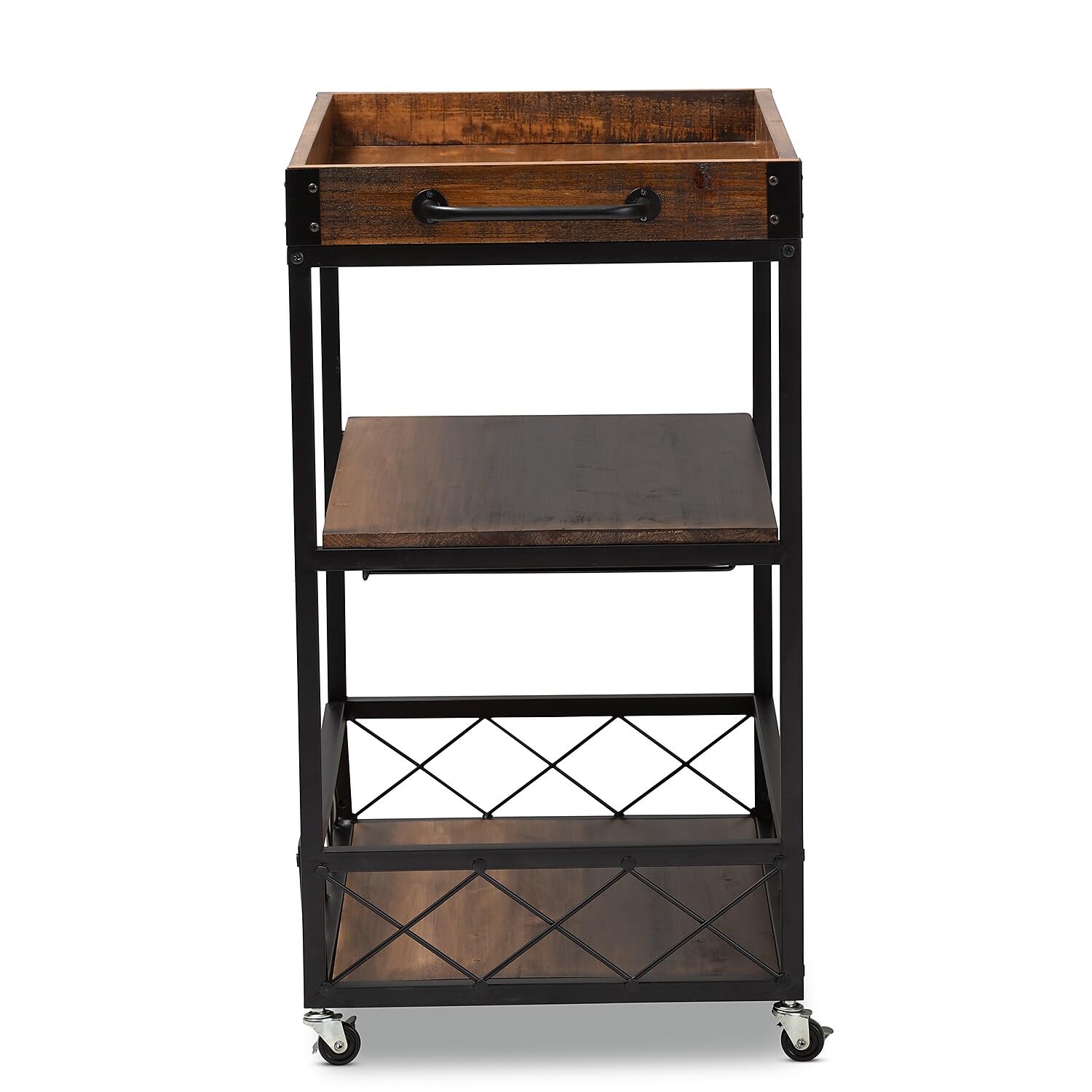 32.6'' Tall Industrial Style Rolling Kitchen Island Wine Cart with Black Finished, Fir Wood Mobile Metal Wine Bar Cart with Glass Rack, Oak Brown 