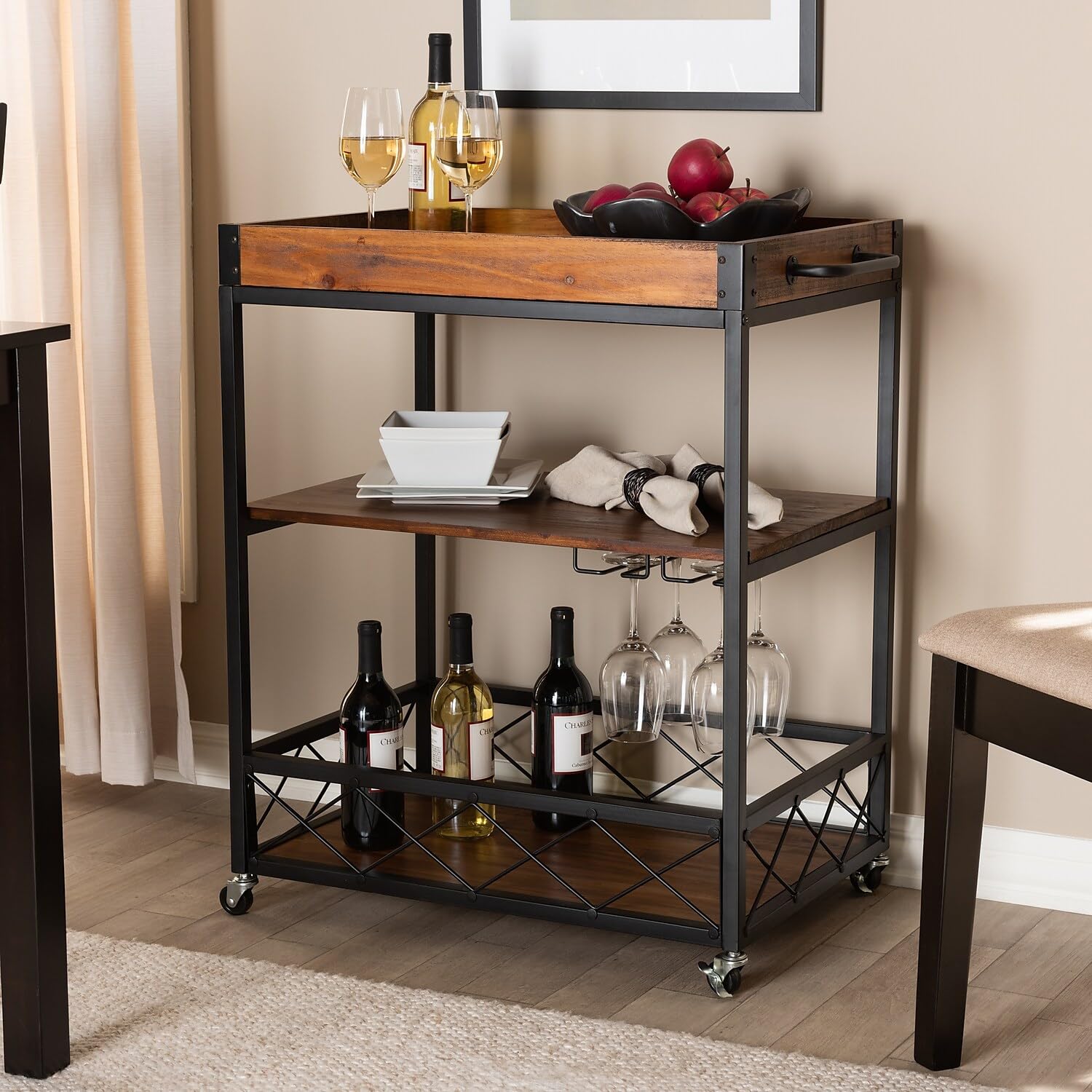 32.6'' Tall Industrial Style Rolling Kitchen Island Wine Cart with Black Finished, Fir Wood Mobile Metal Wine Bar Cart with Glass Rack, Oak Brown 