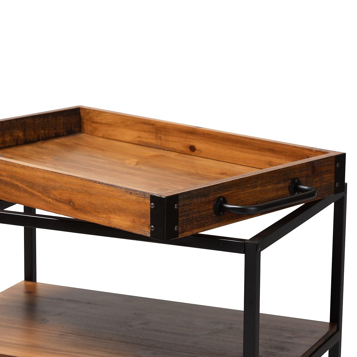 32.6'' Tall Industrial Style Rolling Kitchen Island Wine Cart with Black Finished, Fir Wood Mobile Metal Wine Bar Cart with Glass Rack, Oak Brown 