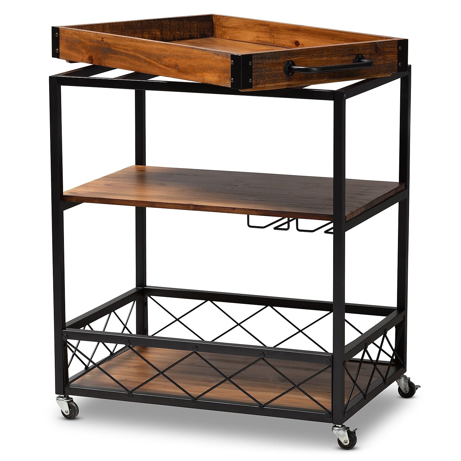 32.6'' Tall Industrial Style Rolling Kitchen Island Wine Cart with Black Finished, Fir Wood Mobile Metal Wine Bar Cart with Glass Rack, Oak Brown 