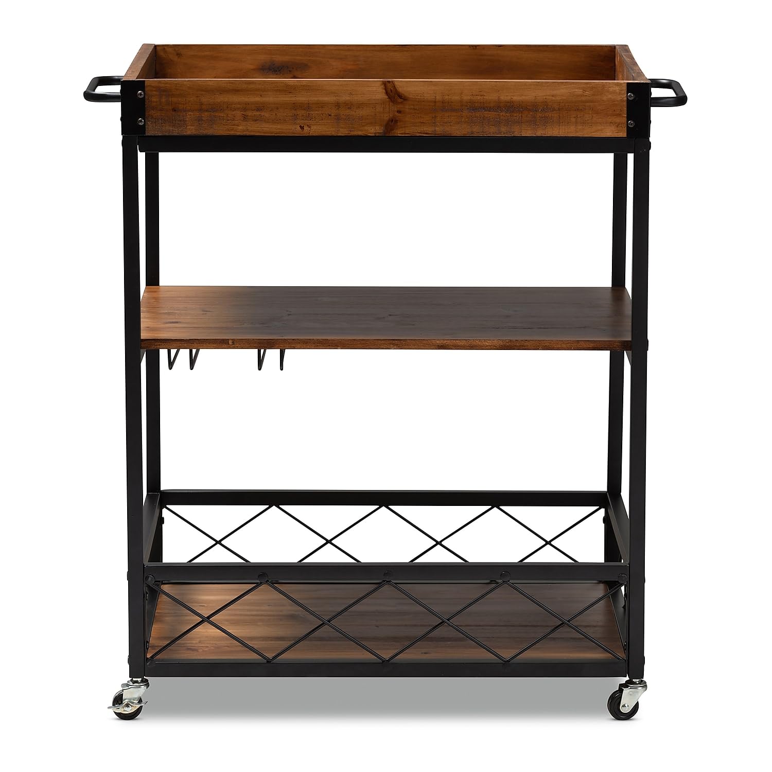 32.6'' Tall Industrial Style Rolling Kitchen Island Wine Cart with Black Finished, Fir Wood Mobile Metal Wine Bar Cart with Glass Rack, Oak Brown 
