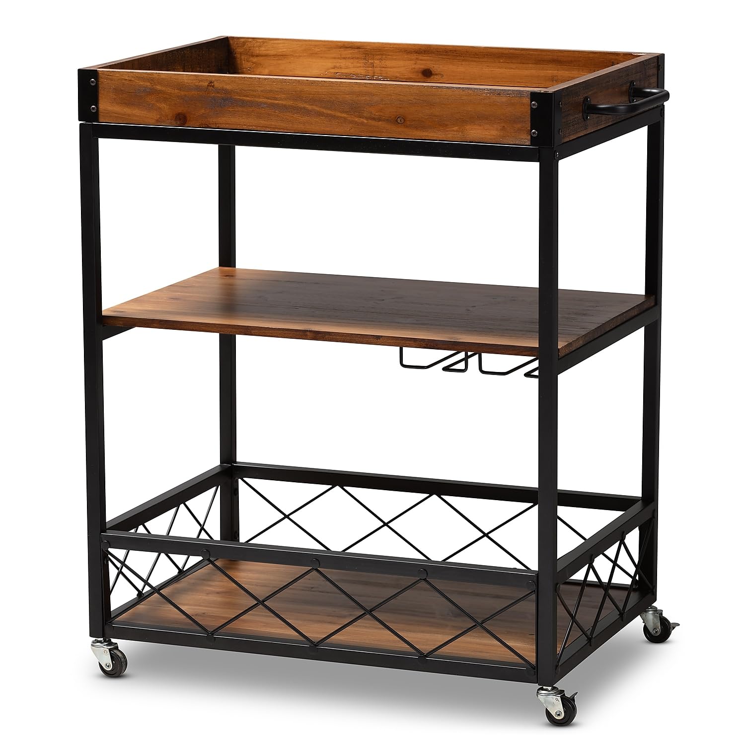 32.6'' Tall Industrial Style Rolling Kitchen Island Wine Cart with Black Finished, Fir Wood Mobile Metal Wine Bar Cart with Glass Rack, Oak Brown 