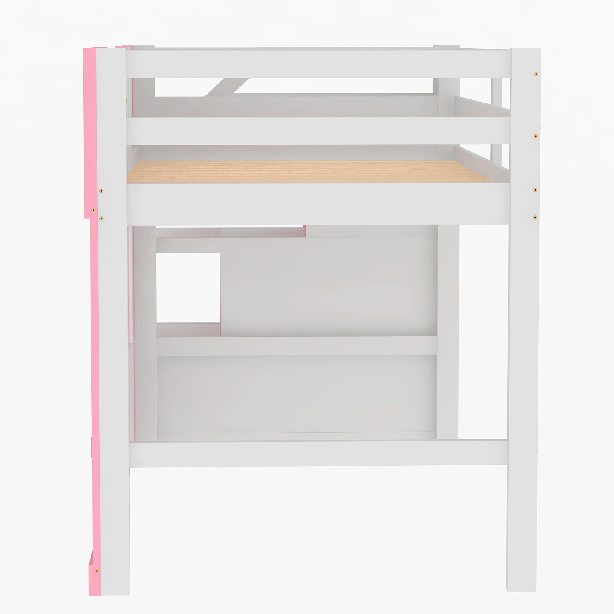 Twin Size Loft Bed with Storage Staircase and Window, White/Pink