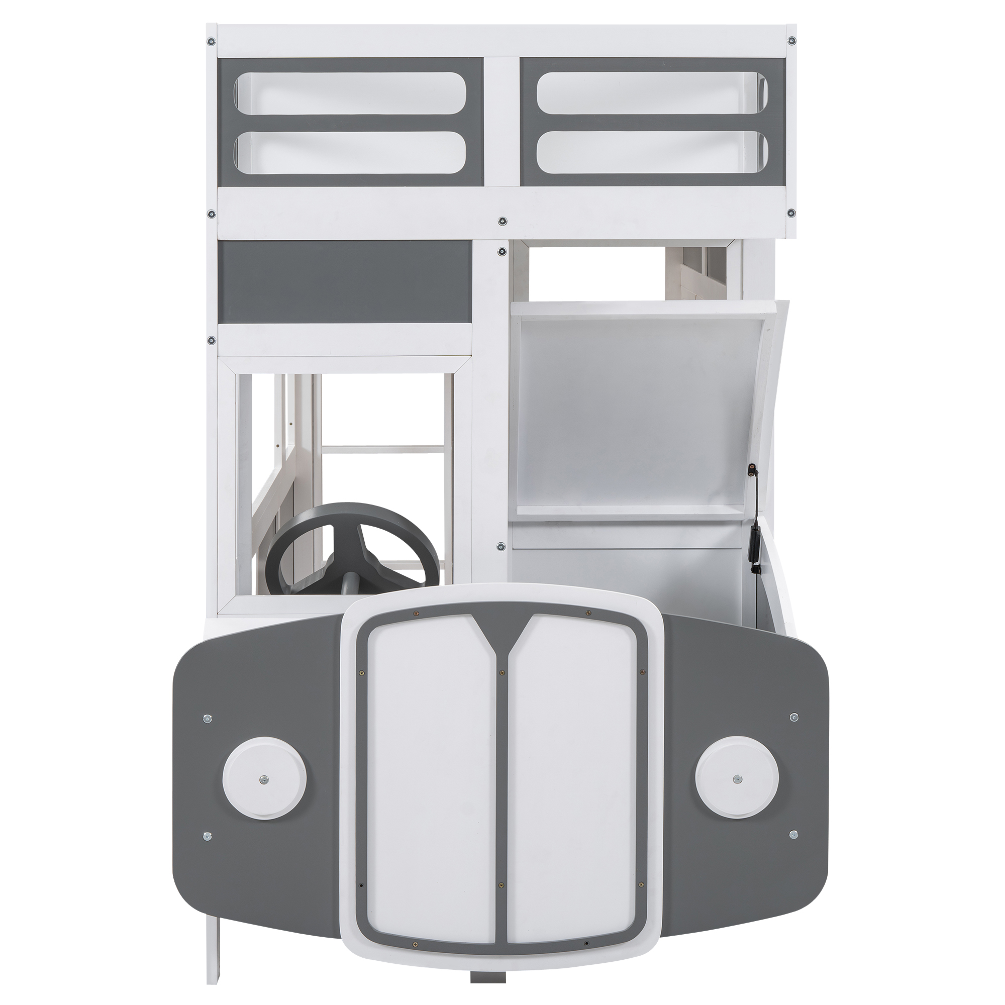 Twin over Twin Bus-shaped Bunk Bed with Wheels and Storage, Gray+White 