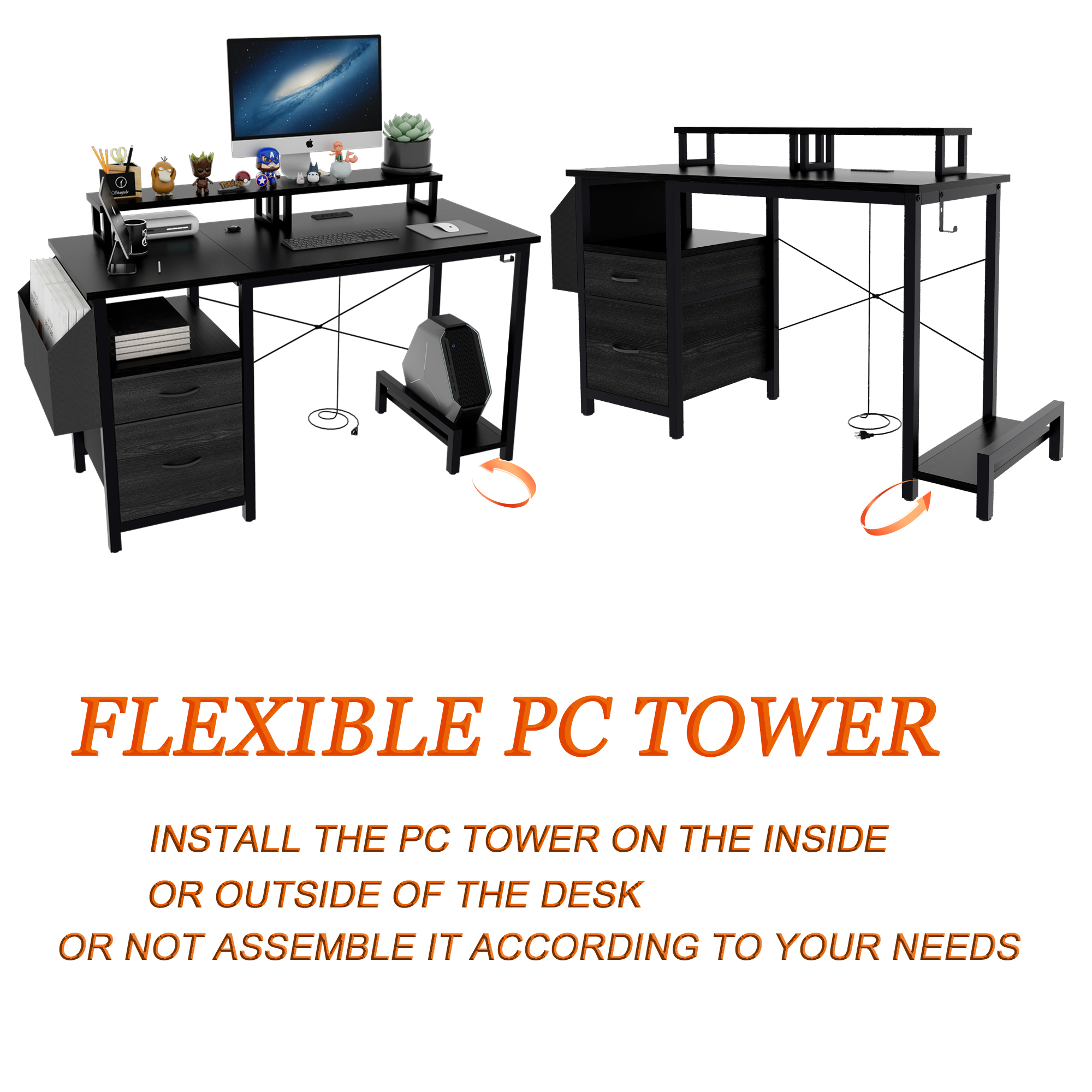 47.3" Computer Desk with power outlet,Monitor Stands,Shelves, Office Desk/Writing Table/Gaming desk With drawers,Large Side Pocket and Hooks,Easy to Assemble,Frame stability Reversible,Black
