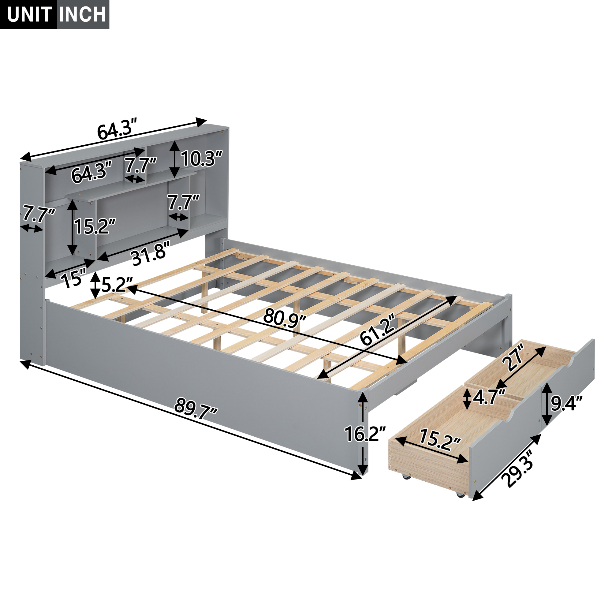 Full/Queen Size Platform Bed with Storage Headboard and 2 Drawers, Gray/White