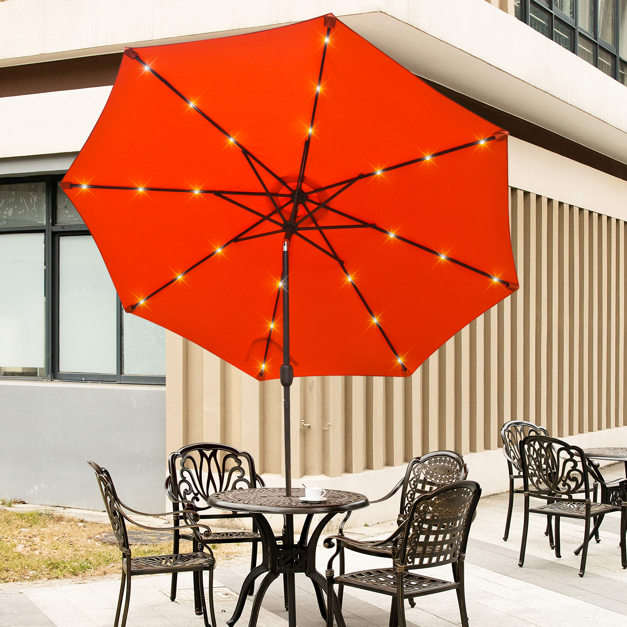 9Ft Patio Market Umbrella with 32 LED Round Solar