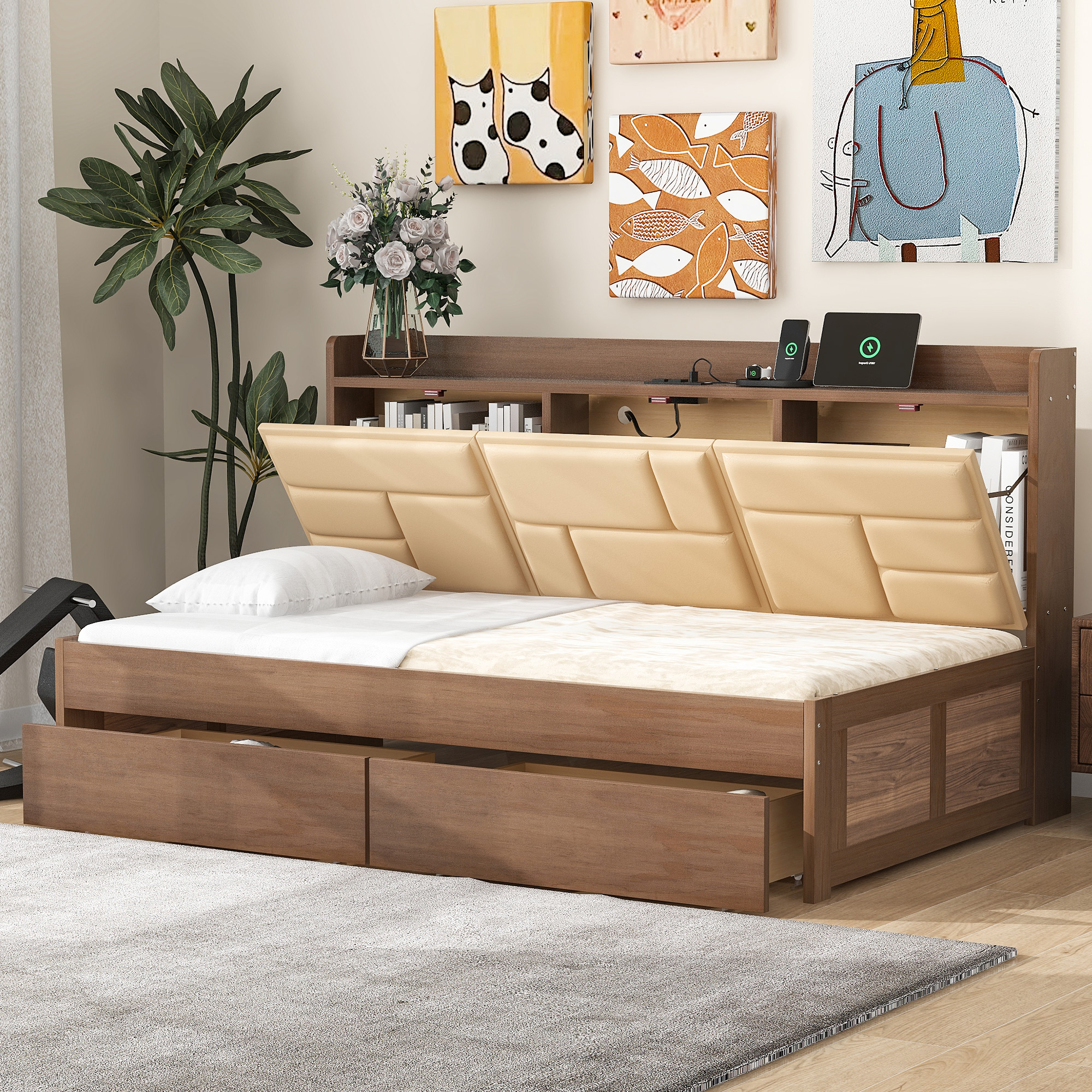 Full/Twin Size Wood Daybed with Upholstered Storage Shelves, USB Ports and 2 Drawers, Wood Color 