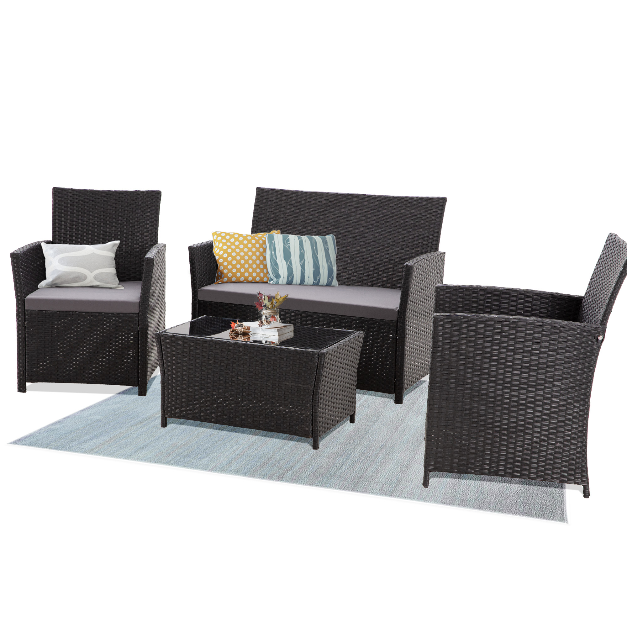 4-Piece PE Rattan Patio Furniture Set – Double Sofa, 2 Armchairs, Coffee Table with Cushions, Weather-Resistant Outdoor Conversation Set, Brown-Blue/Gray/Black-Gray/Black-Blue