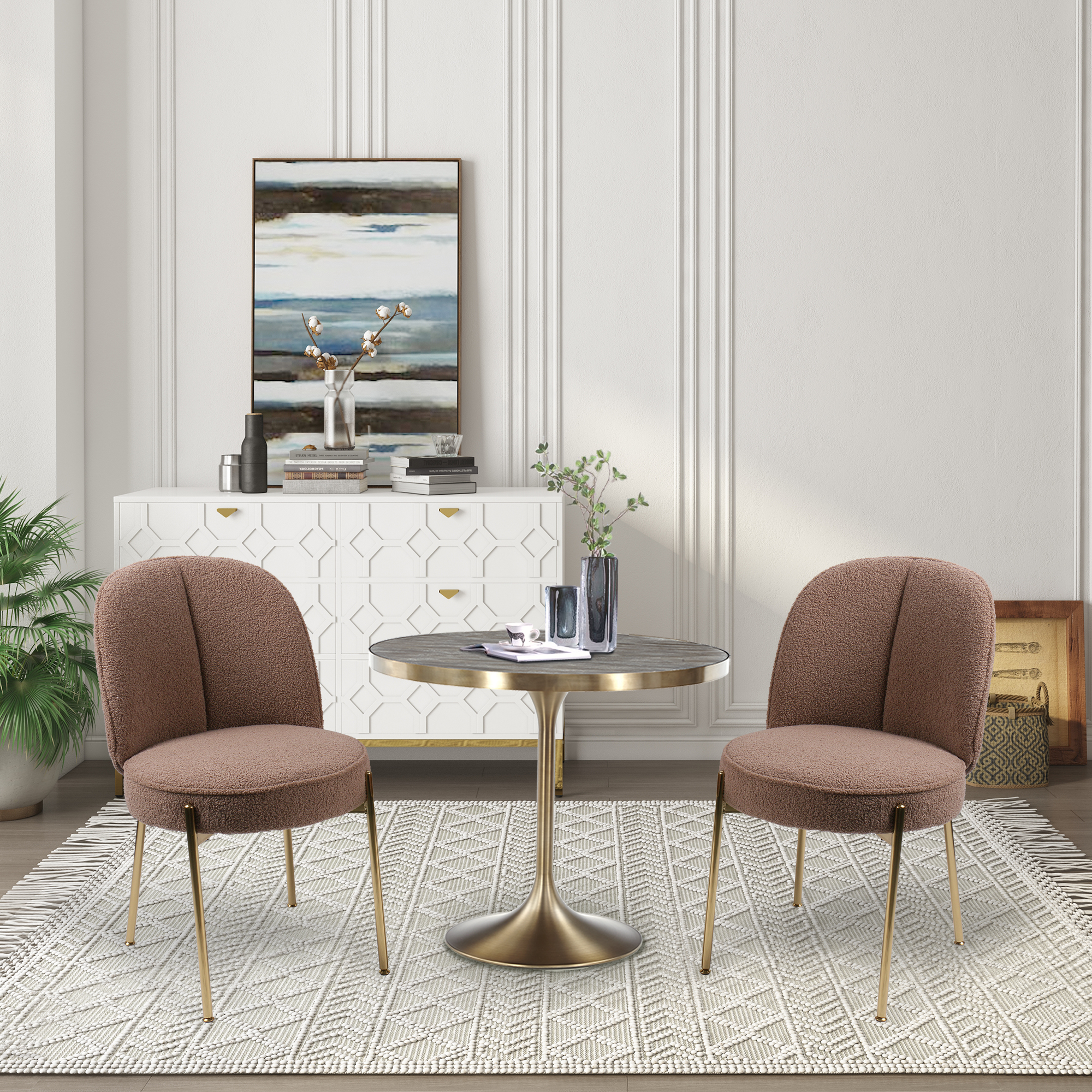 Teddy Fabric Dinning Chair in Greamy White/Brown/Army Green/Black with Adjustable Foot Nails (Set of 2)