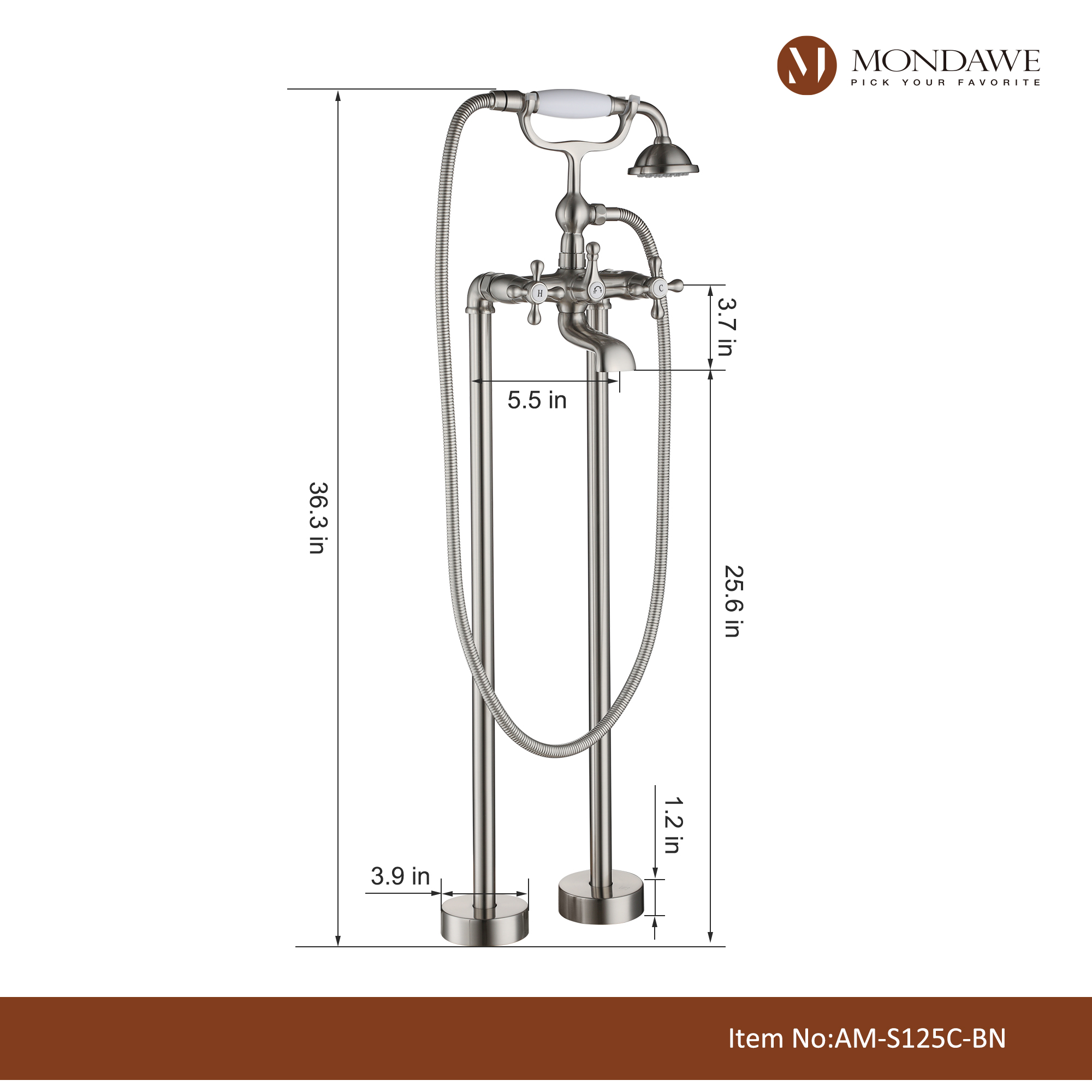 Mondawe 3-Handle Traditional Freestanding Bathtub Faucet(Brush Nickel)-Mondawe