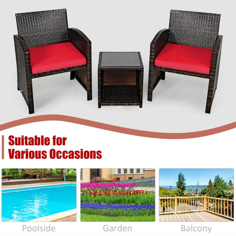 Mondawe 3 Pieces PE Rattan Wicker Furniture Set with Cushion Sofa Coffee Table for Garden-Red-Mondawe