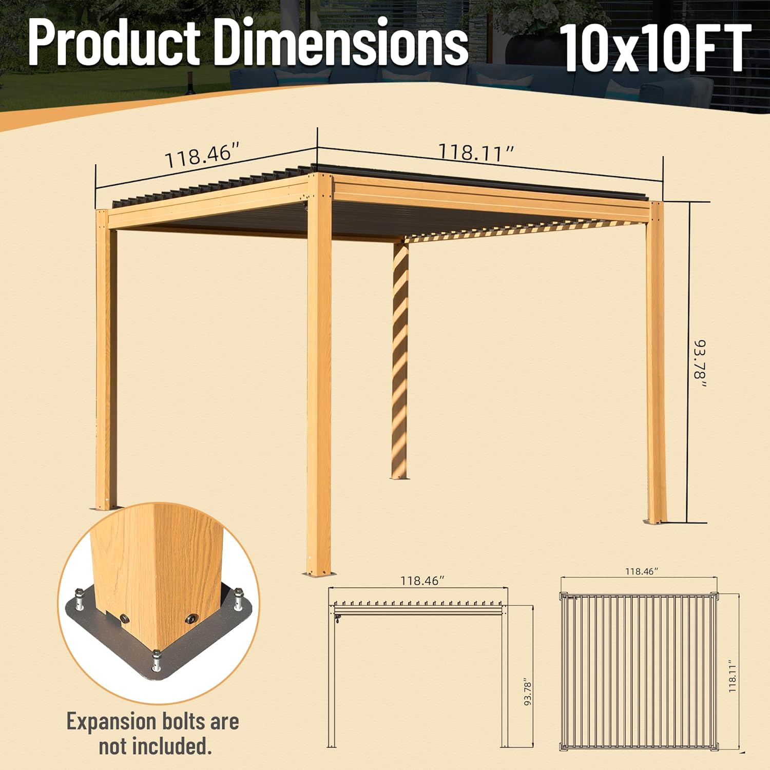 Louvered Pergola 10X10FT, Wood Grain Aluminum Pergola with Adjustable Roof, Wood Looking Aluminum Frame, Efficient Drainage System, Outdoor Pergola for Patio, Deck, Garden