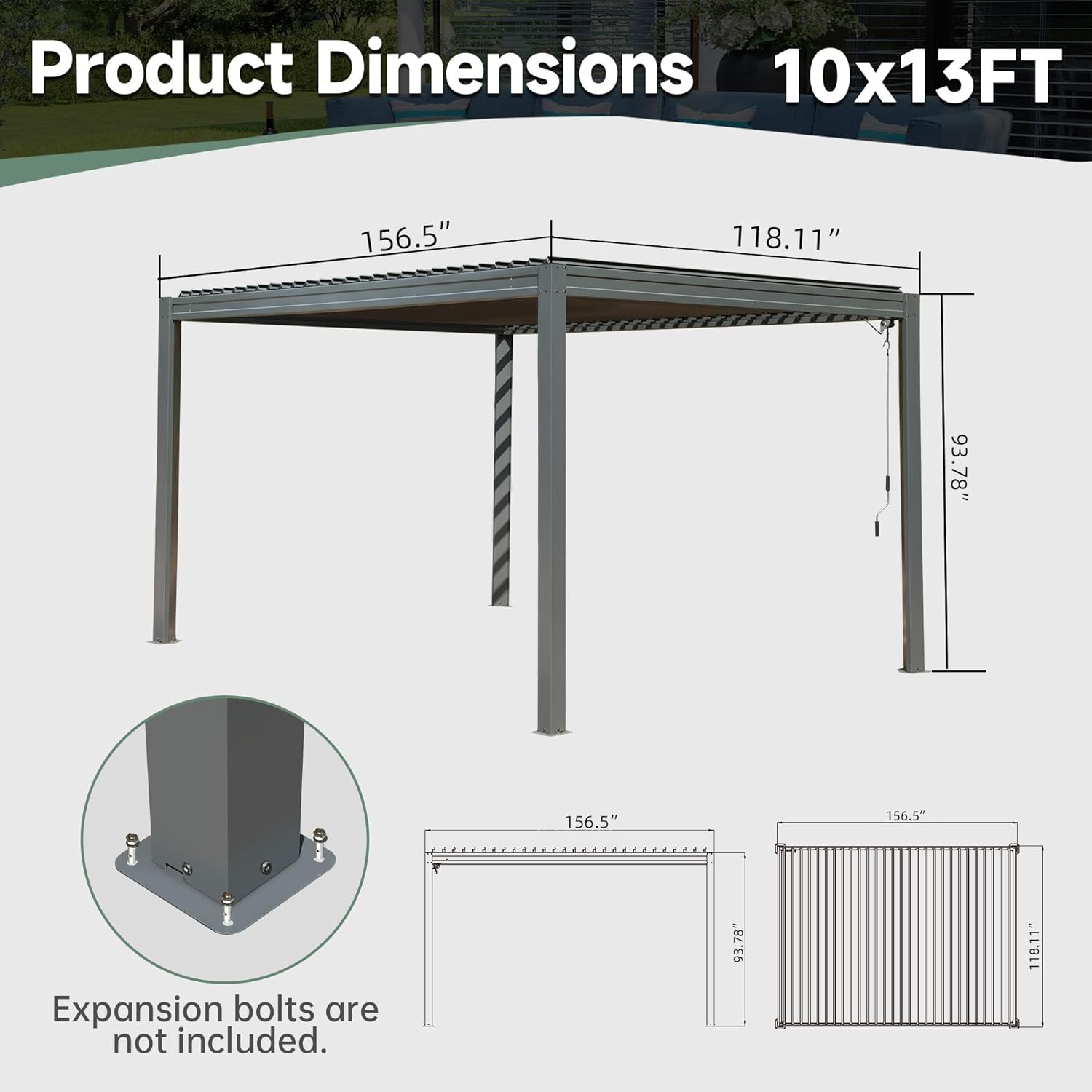 Louvered Pergola 10X13FT, Aluminum Pergola with Adjustable Roof, Aluminum Frame, Efficient Drainage System, Outdoor Pergola for Patio, Deck, Garden