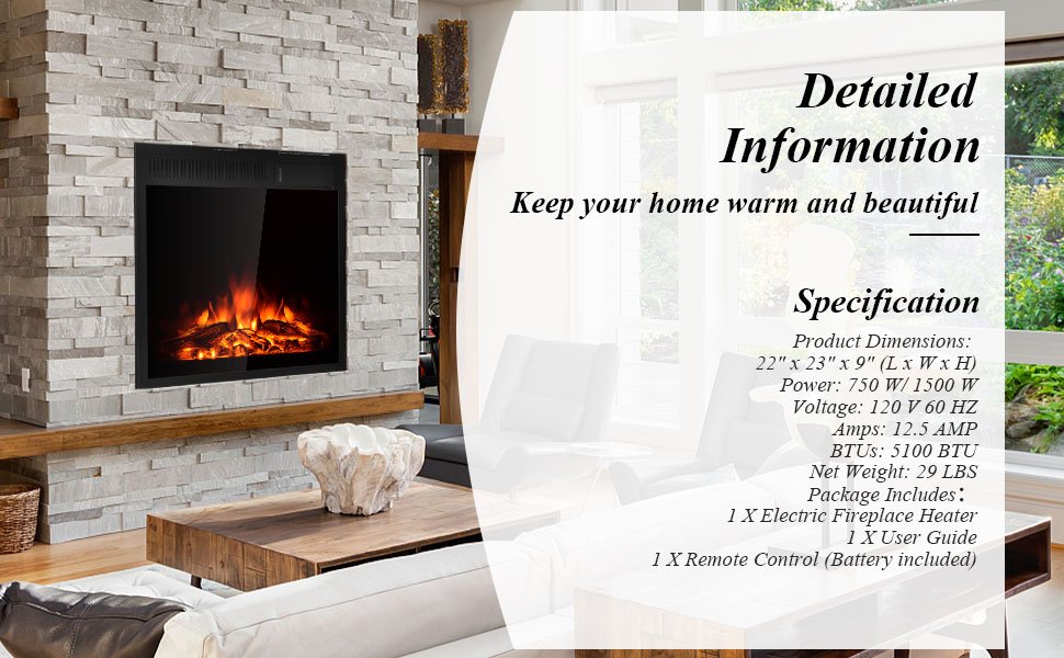 22.5 Inch Electric Fireplace Insert Freestanding and Recessed Heater