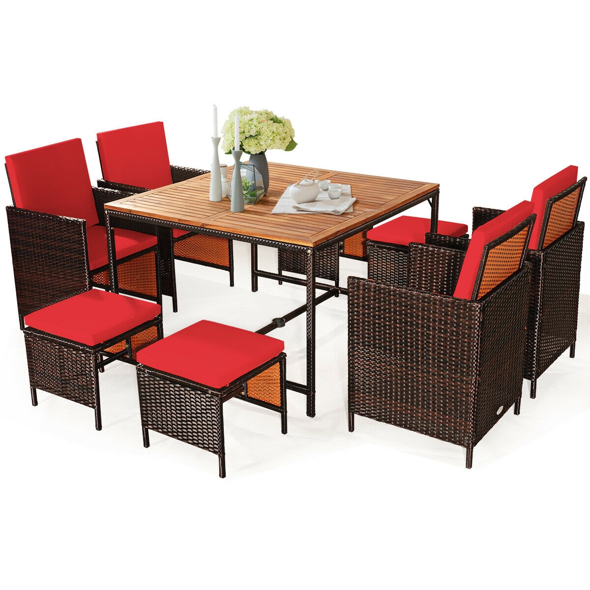 Mondawe 9PCS Patio Rattan Dining Cushioned Chairs Set-Red-Mondawe