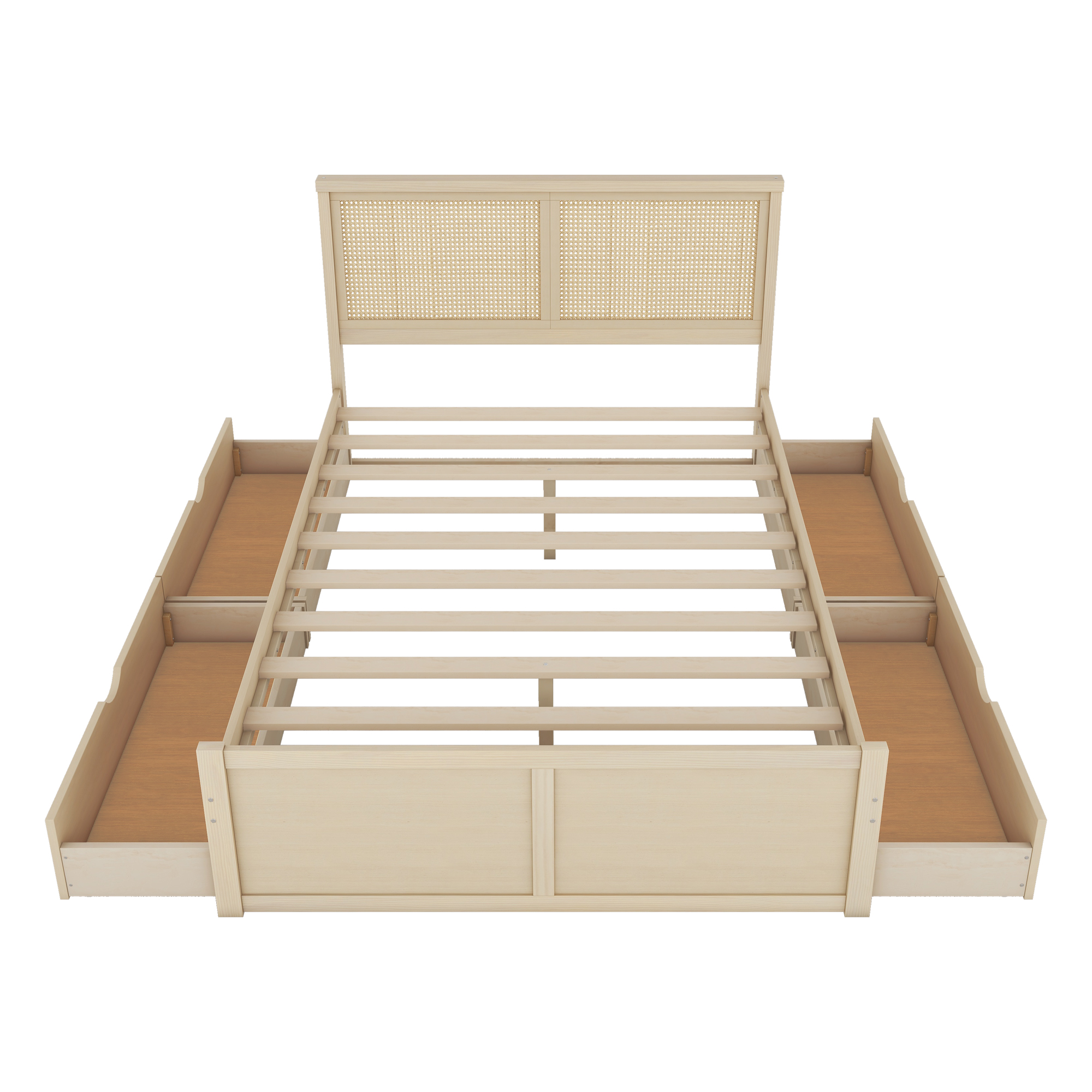 Queen/Full Size Wood Storage Platform Bed with 4 Drawers, Rattan Headboard, Espresso/Nature 