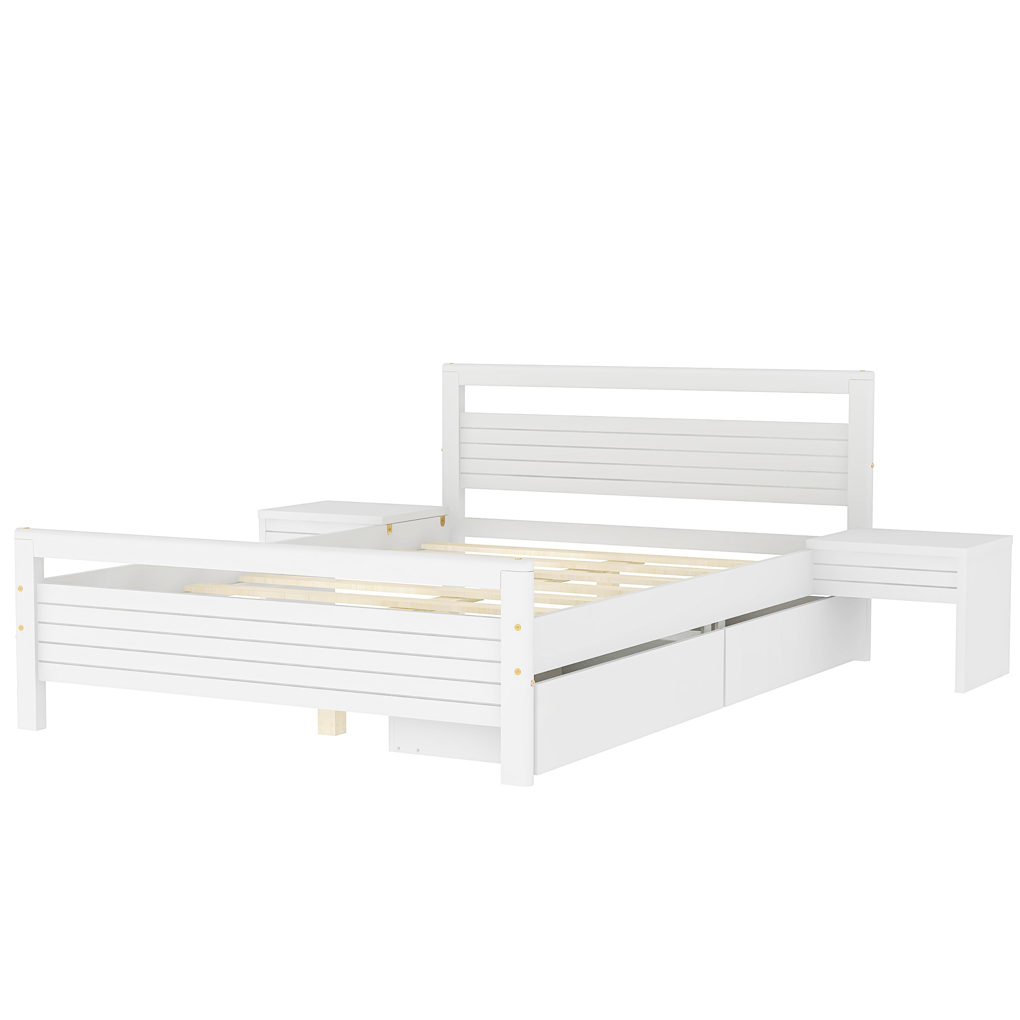 Full Size Wooden Platform Bed with 2 Storage Drawers and 2 bedside tables, White 