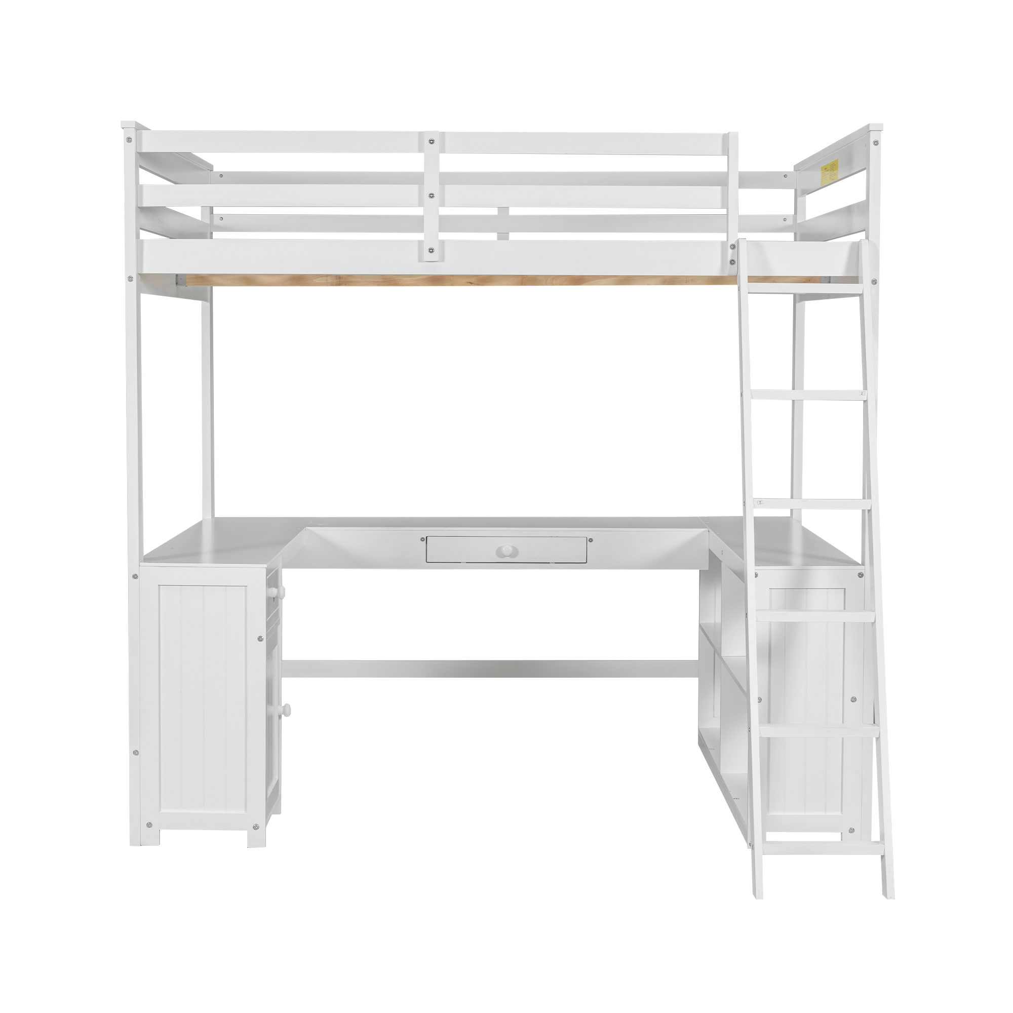 Full/Twin Size Loft Bed with U-shaped Desk, Drawers and Storage Shelves, White/Antique Brown 