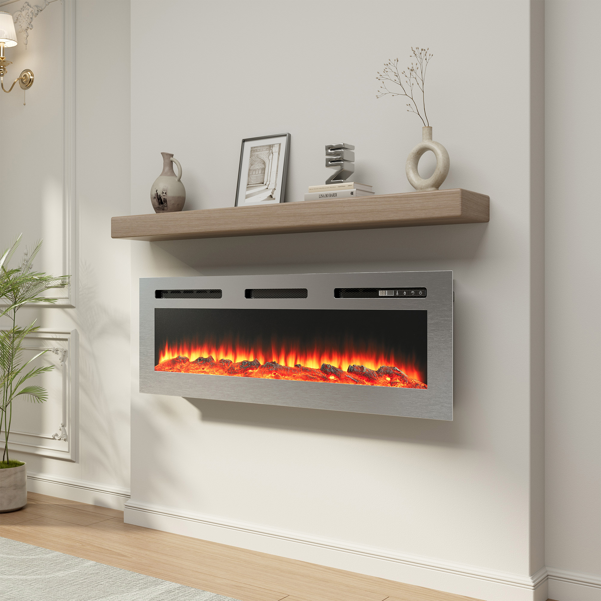 50 in. Wall Mounted and Recessed Electric Fireplace Insert with Stainless Steel Surface and 12 Flame Colors