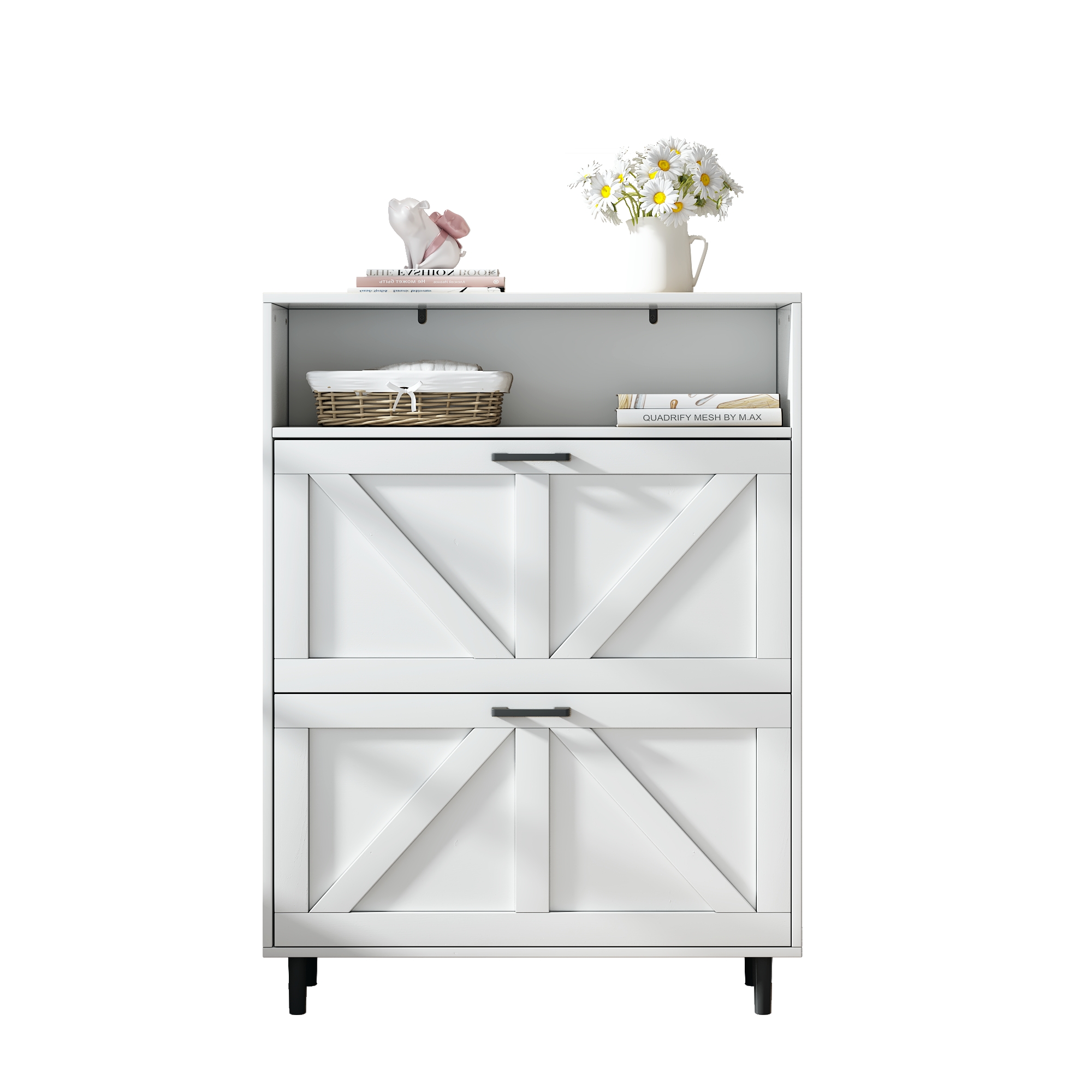 Farmhouse Shoe Storage Cabinet with Barn Door Design, Shoe Organizer with 2 Flip Drawers, Freestanding Narrow Shoe Rack Cabinet with Open Storage for Entryway,Foyer,Hallway,(Antique White/Natural Wood) 