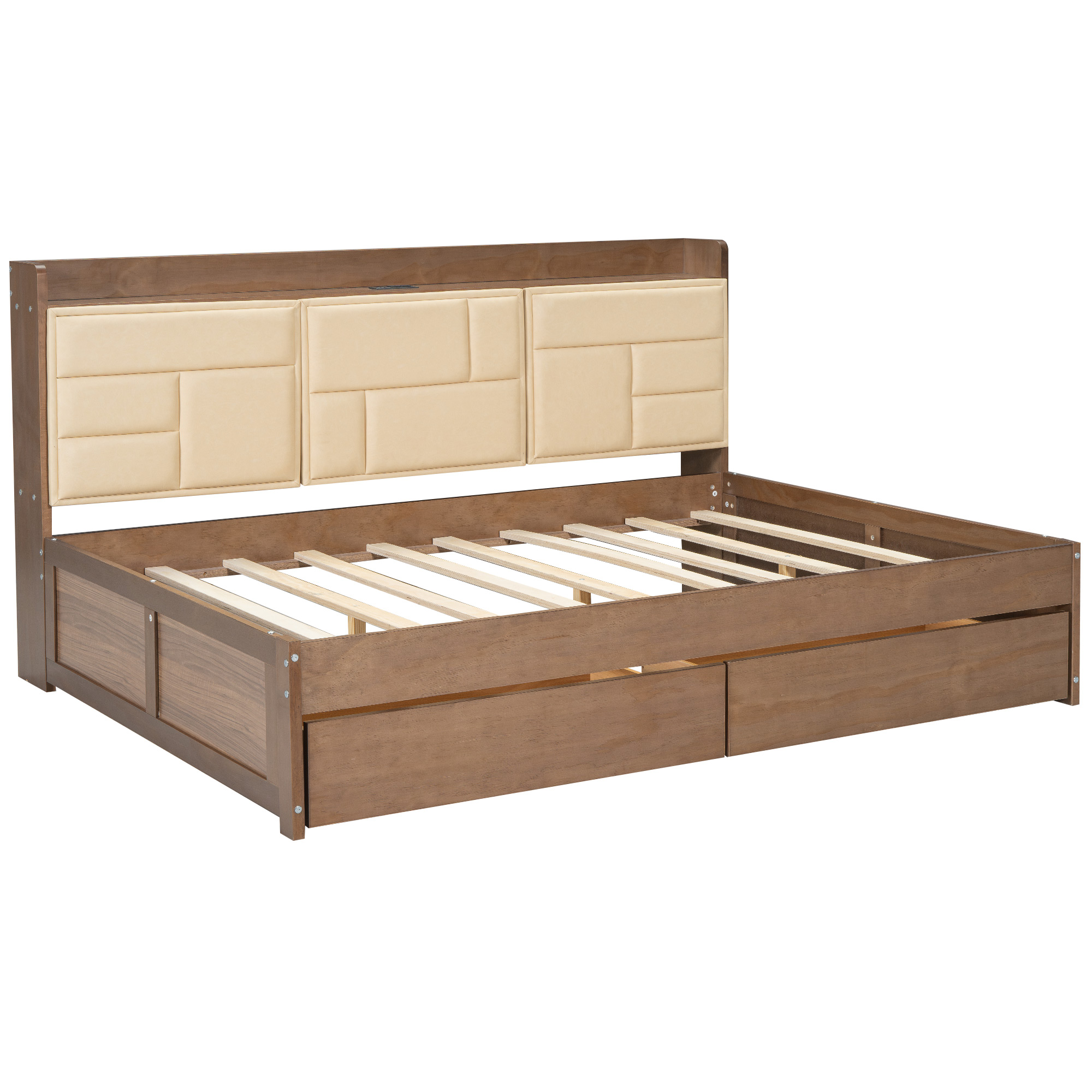 Full/Twin Size Wood Daybed with Upholstered Storage Shelves, USB Ports and 2 Drawers, Wood Color 