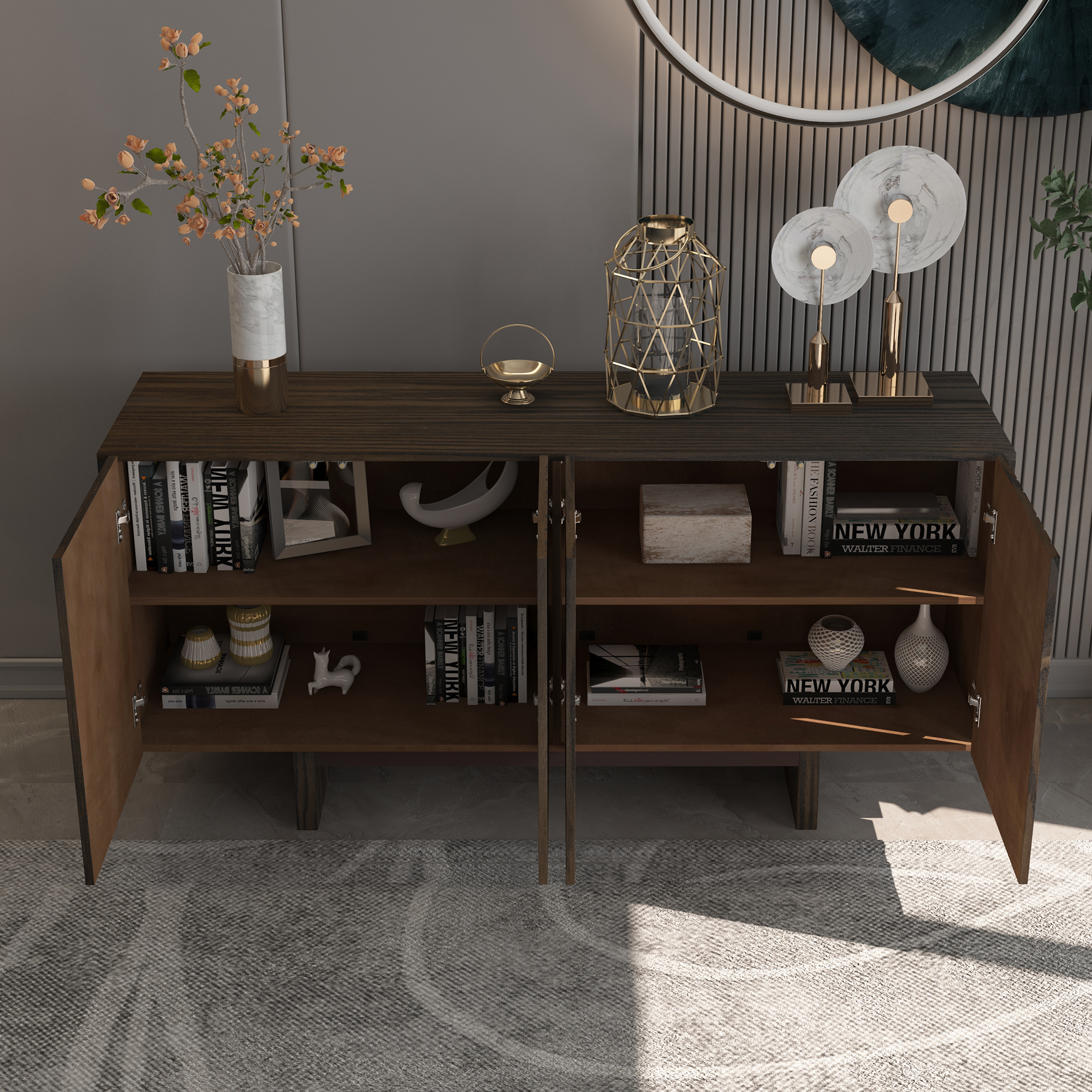 Dark Brown/White 4-Door 62.99 in. Wood Grain Buffet Sideboard with MDF Legs For Living Room, Foyer and Kitchen-Dining Room