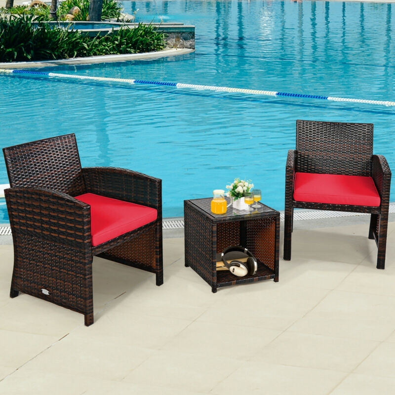 Mondawe 3 Pieces PE Rattan Wicker Furniture Set with Cushion Sofa Coffee Table for Garden-Red-Mondawe